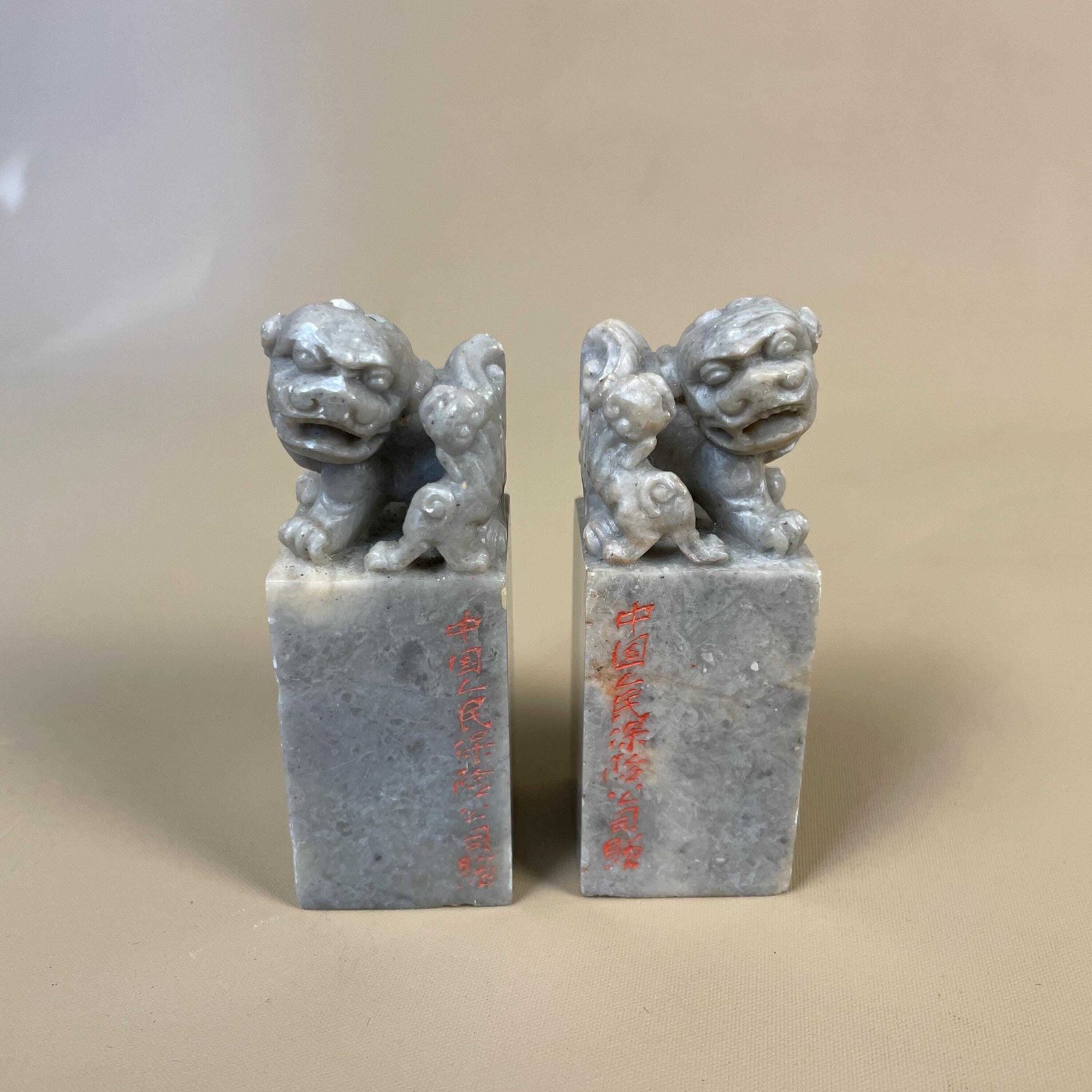 Pair Of Oriental Chinese Dragons Foo Dogs Ornaments Soapstone Mini Statues Grey Green photo furniture