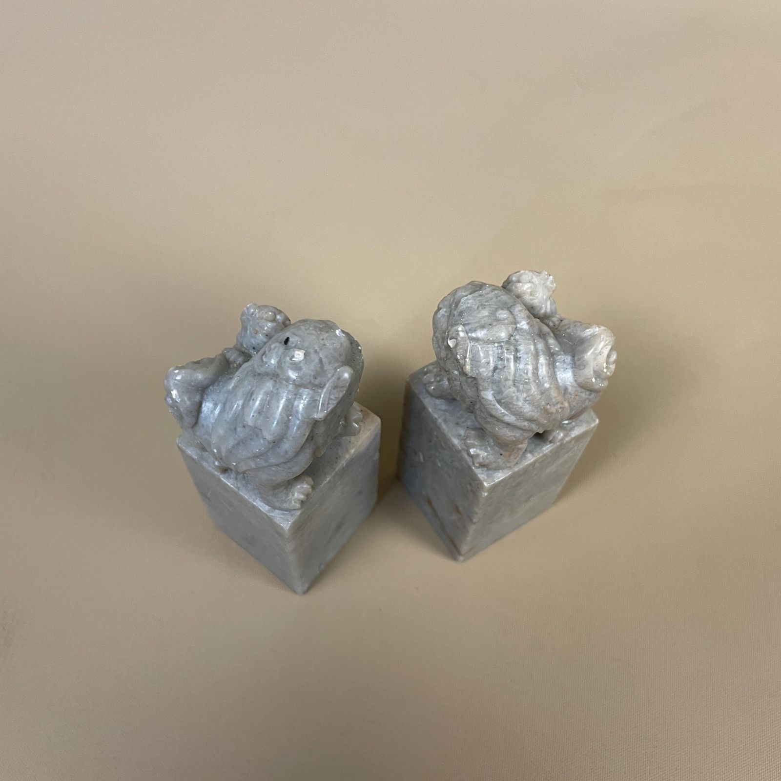 Pair Of Oriental Chinese Dragons Foo Dogs Ornaments Soapstone Mini Statues Grey Green photo buy