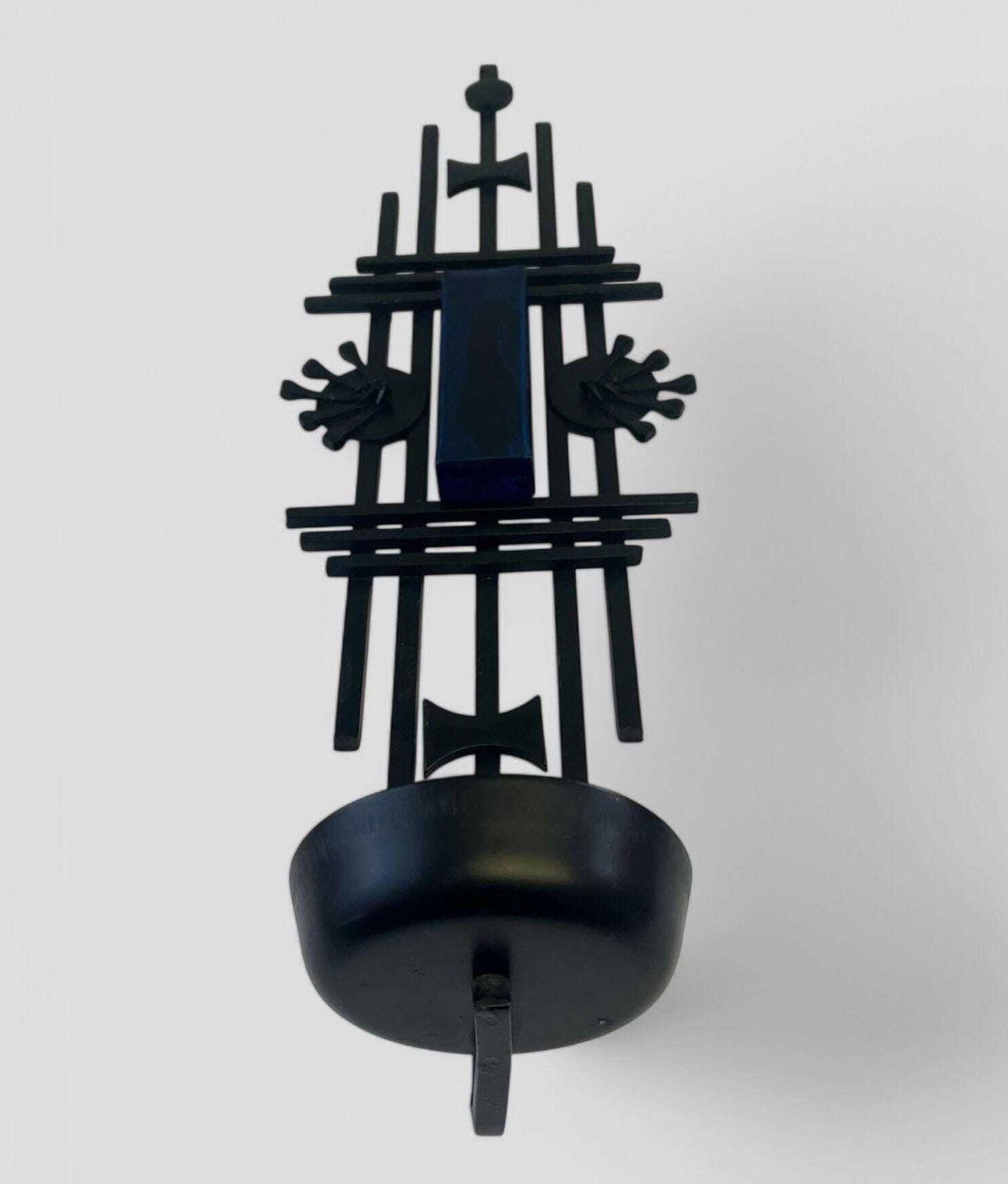 Mid Century Brutalist Metal & Blue Glass Danish Wall Candleholder By Dantoft photo Home Decor