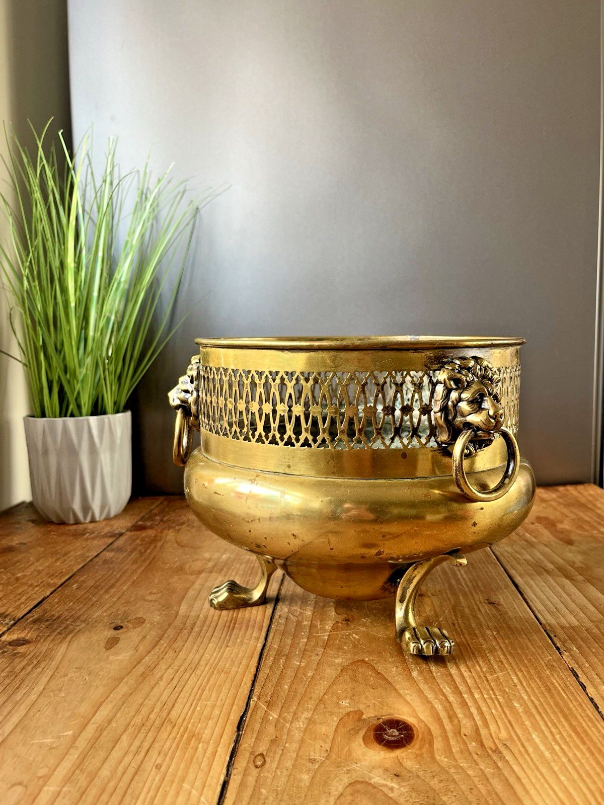 Antique Art Nouveau Brass William Soutter & Sons Plant Pot Lion Handles & Feet photo for sale