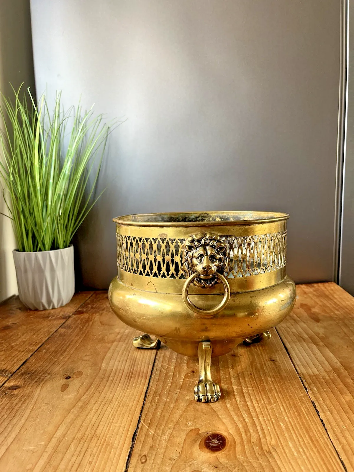 Antique Art Nouveau Brass William Soutter & Sons Plant Pot Lion Handles & Feet photo Home Decor