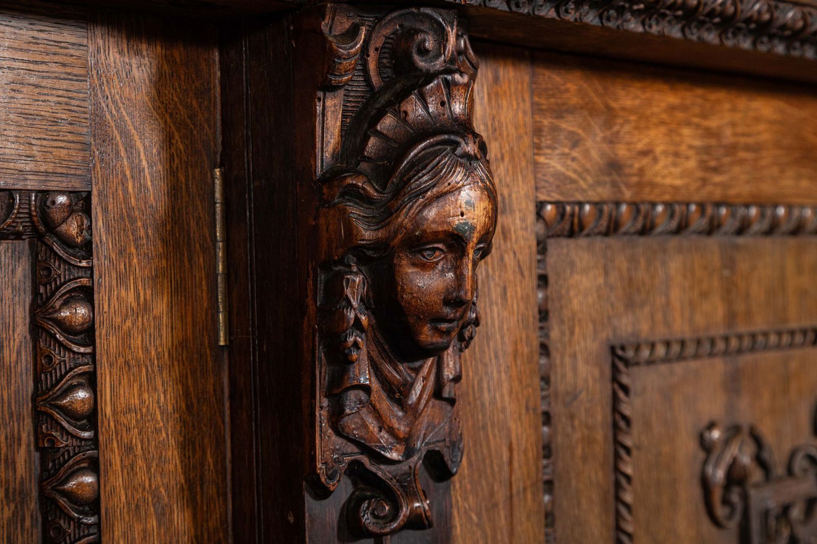 photo buy Magnificent Monumental English 19thc Carved Oak Breakfront Glazed Bookcase