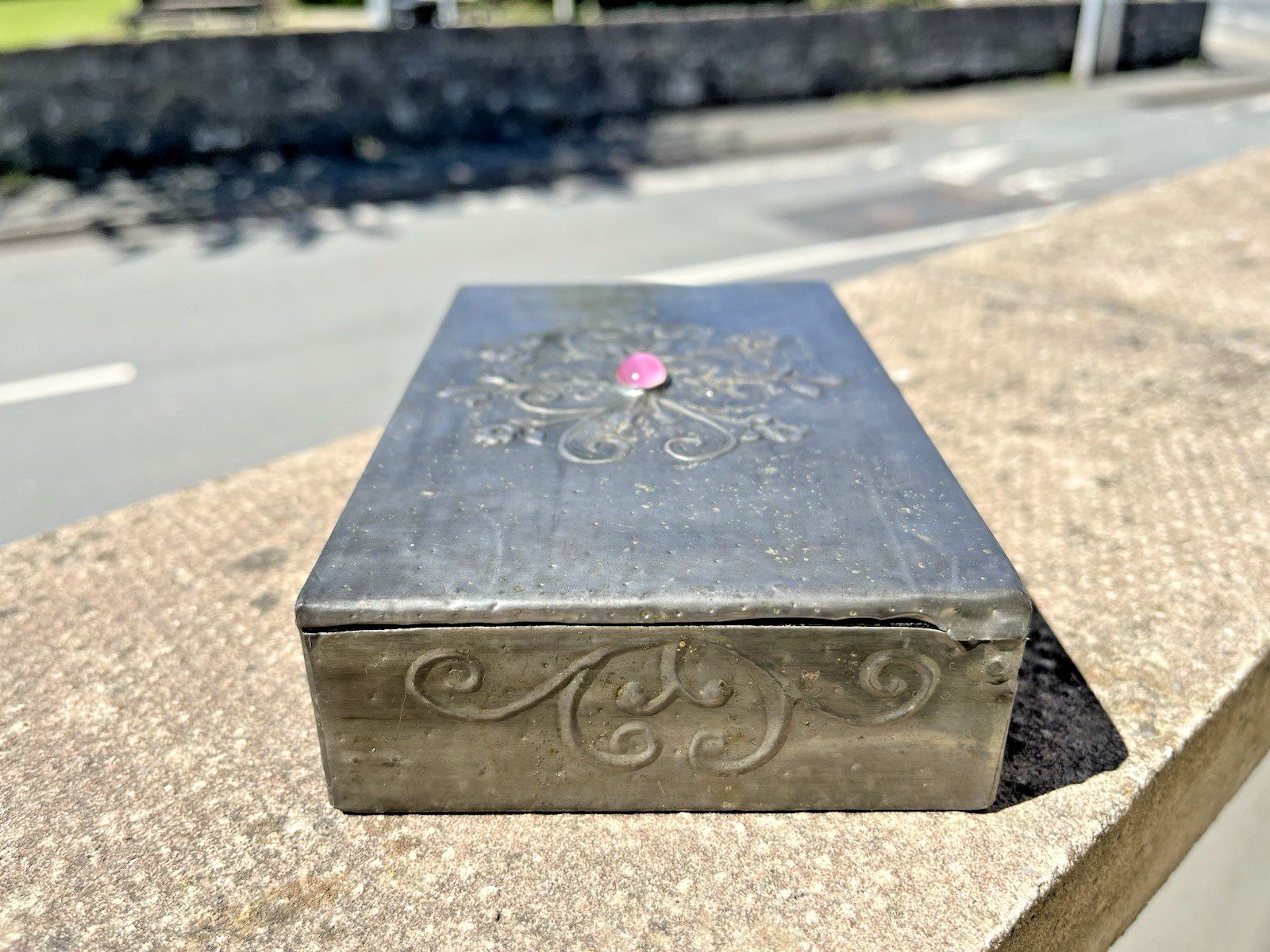Antique Arts & Crafts Floral Pewter Cabochon Jewelled Box Trinket Jewellery photo for sale