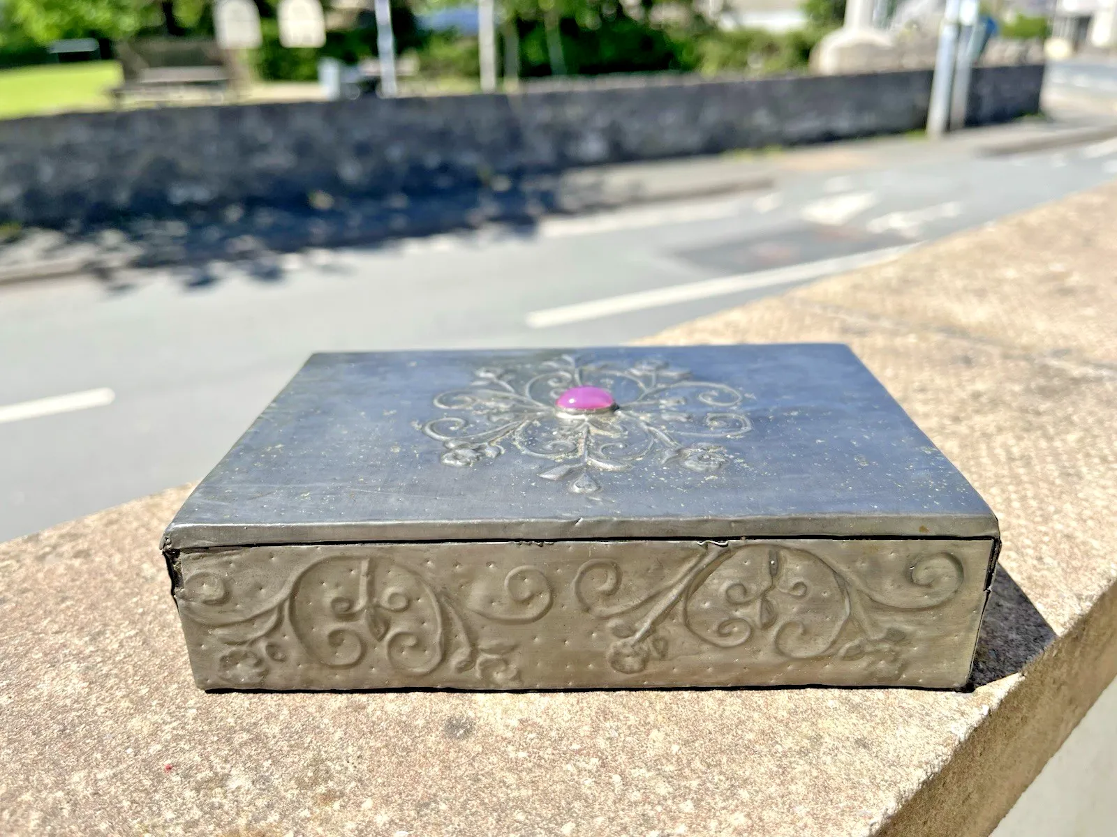 Antique Arts & Crafts Floral Pewter Cabochon Jewelled Box Trinket Jewellery photo Home Decor