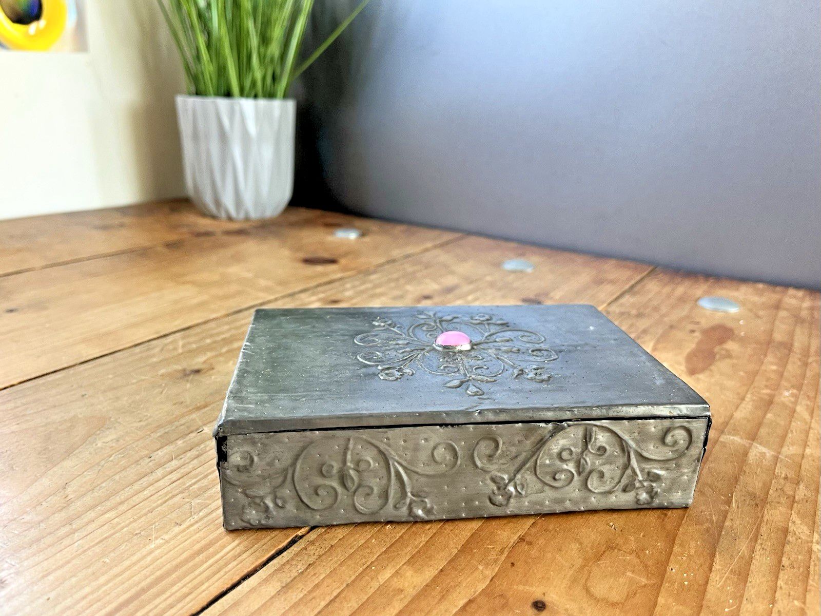Home Decor Antique Arts & Crafts Floral Pewter Cabochon Jewelled Box Trinket Jewellery photo