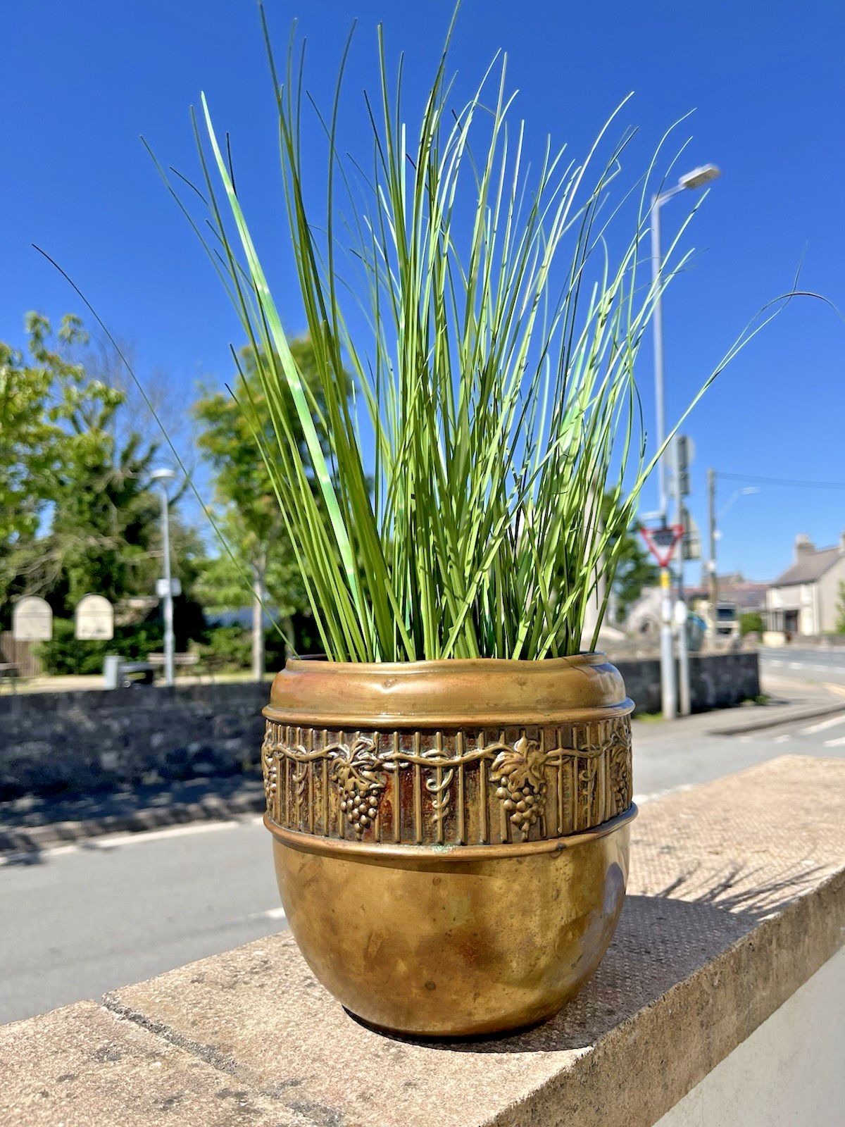 Antique English Arts & Crafts Brass Grapevine Leaf Berry Planter Plant Cacti Pot photo Garden Decor