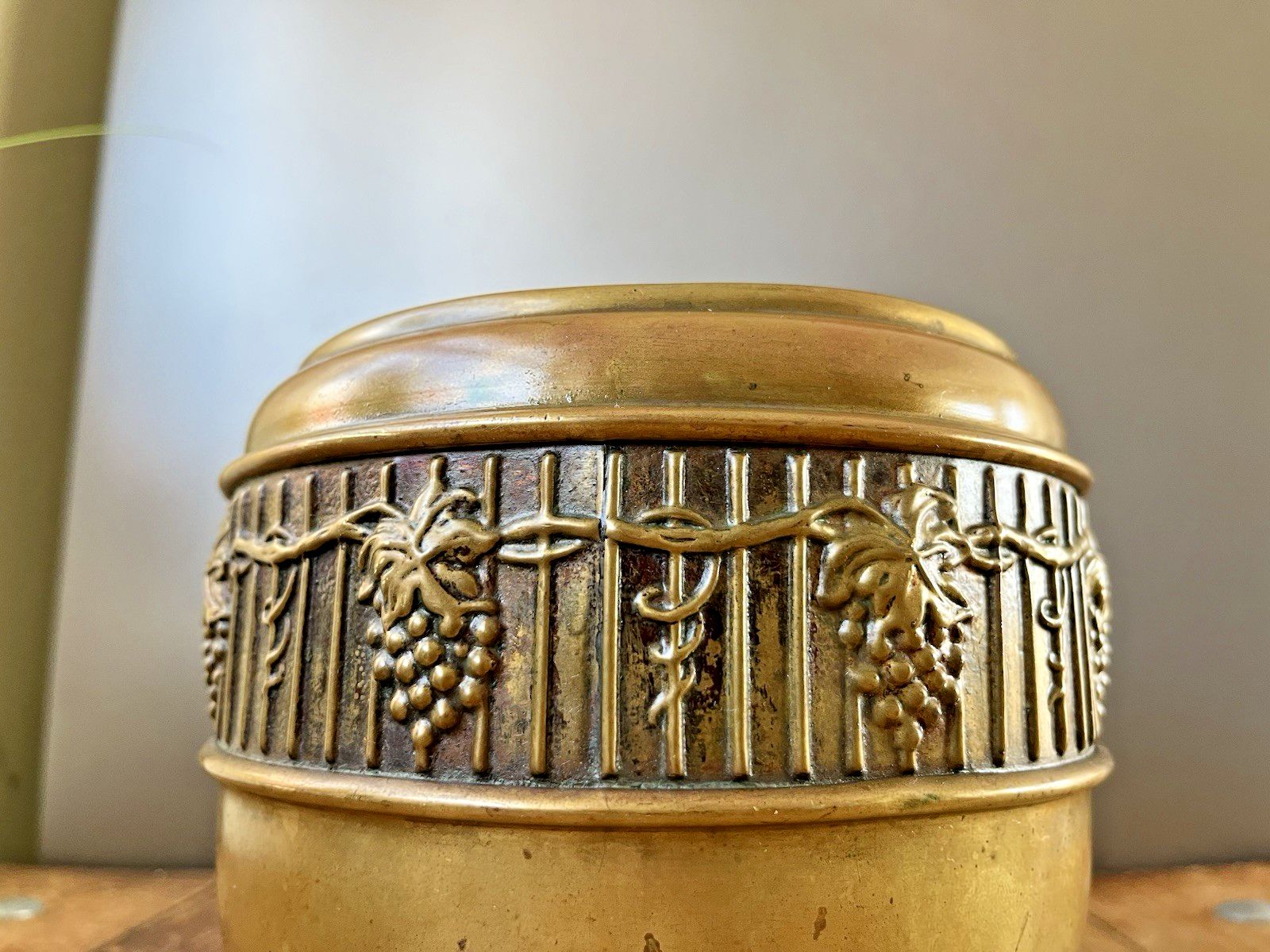 photo for sale Antique English Arts & Crafts Brass Grapevine Leaf Berry Planter Plant Cacti Pot