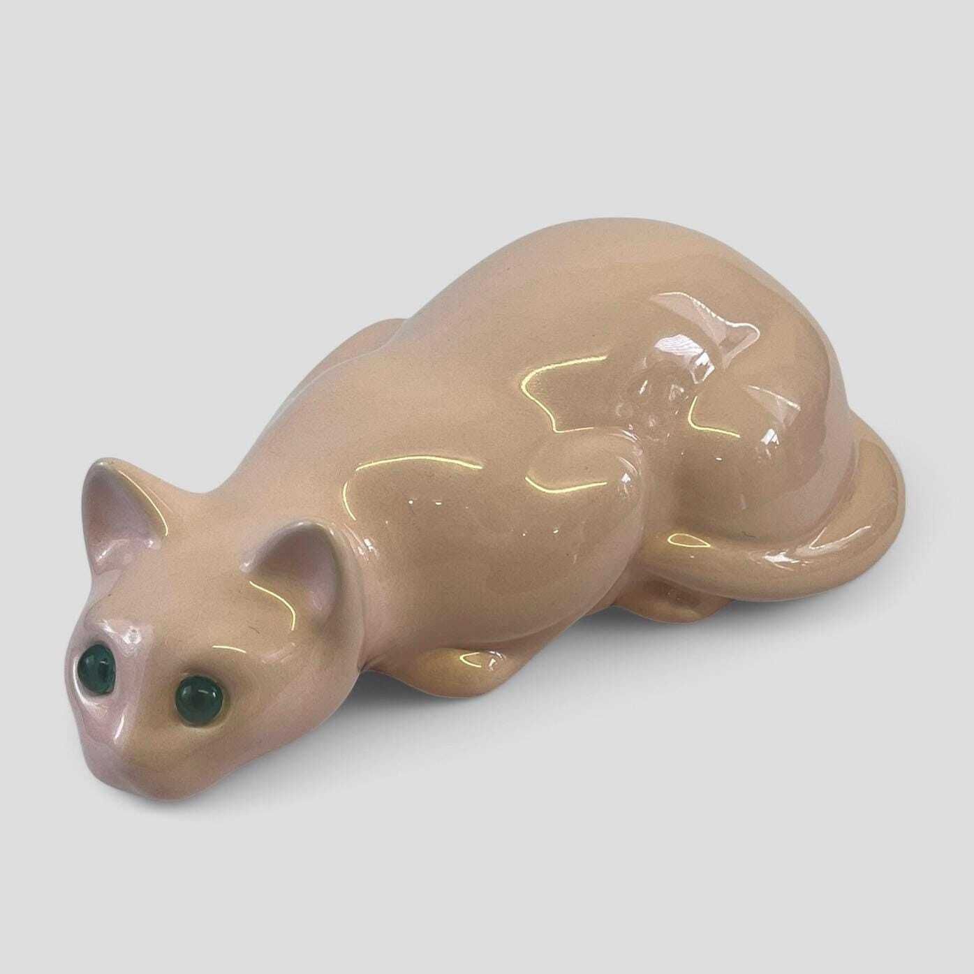 Vintage 1960's Glazed Pink Ceramic Kitsch Cat Figurine Sculpture photo for sale