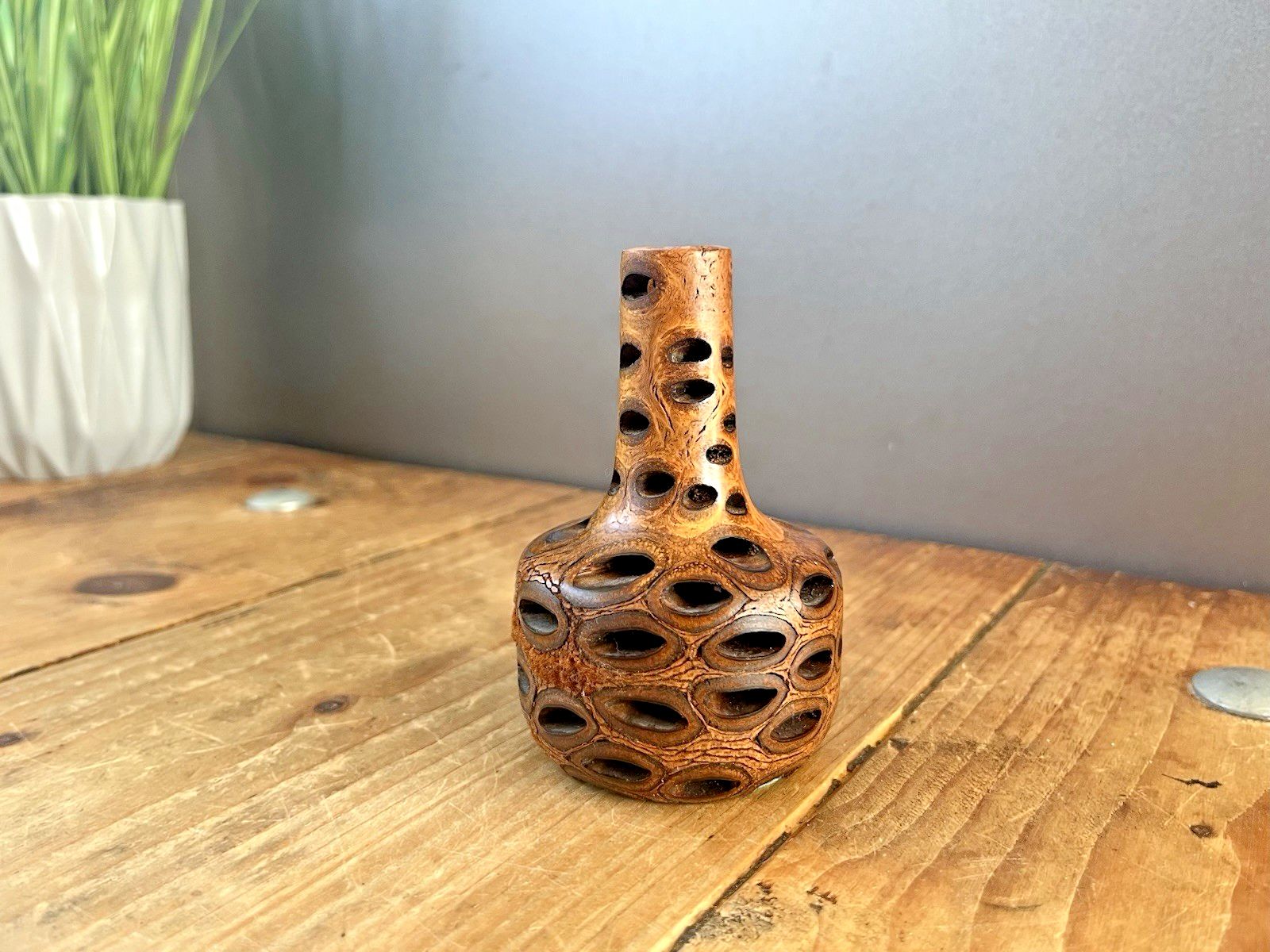 photo for sale Superb Mid Century Brutalist Banksia Nut Australian Decorative Turned Treen Vase