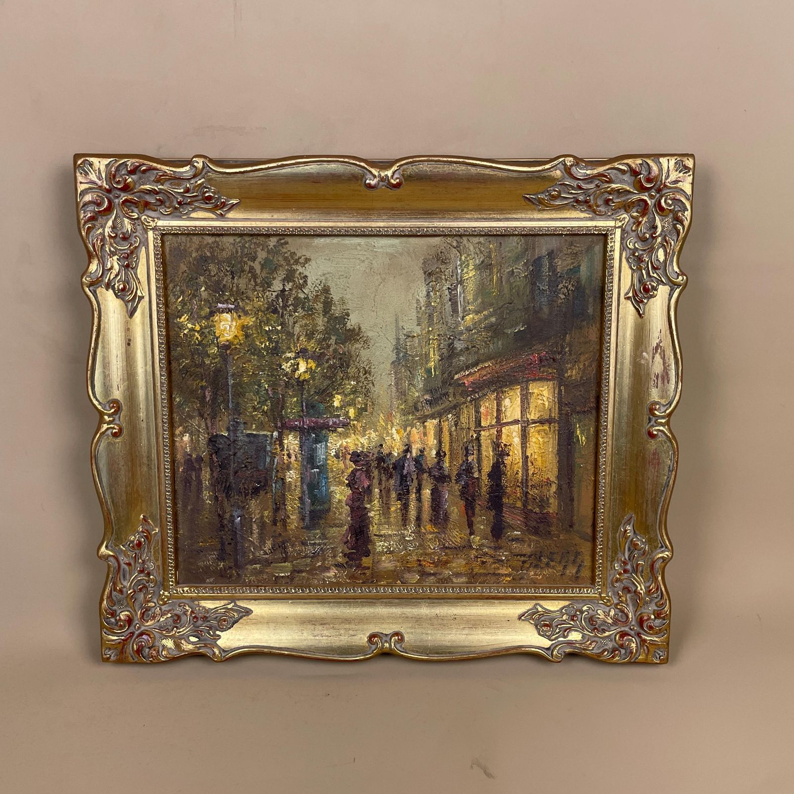 Vintage Oil Painting Urban Landscape Evening Street Lights Gold Wood Frame 1982 Colin Maxwel Parsons Buzzy Evening Street People