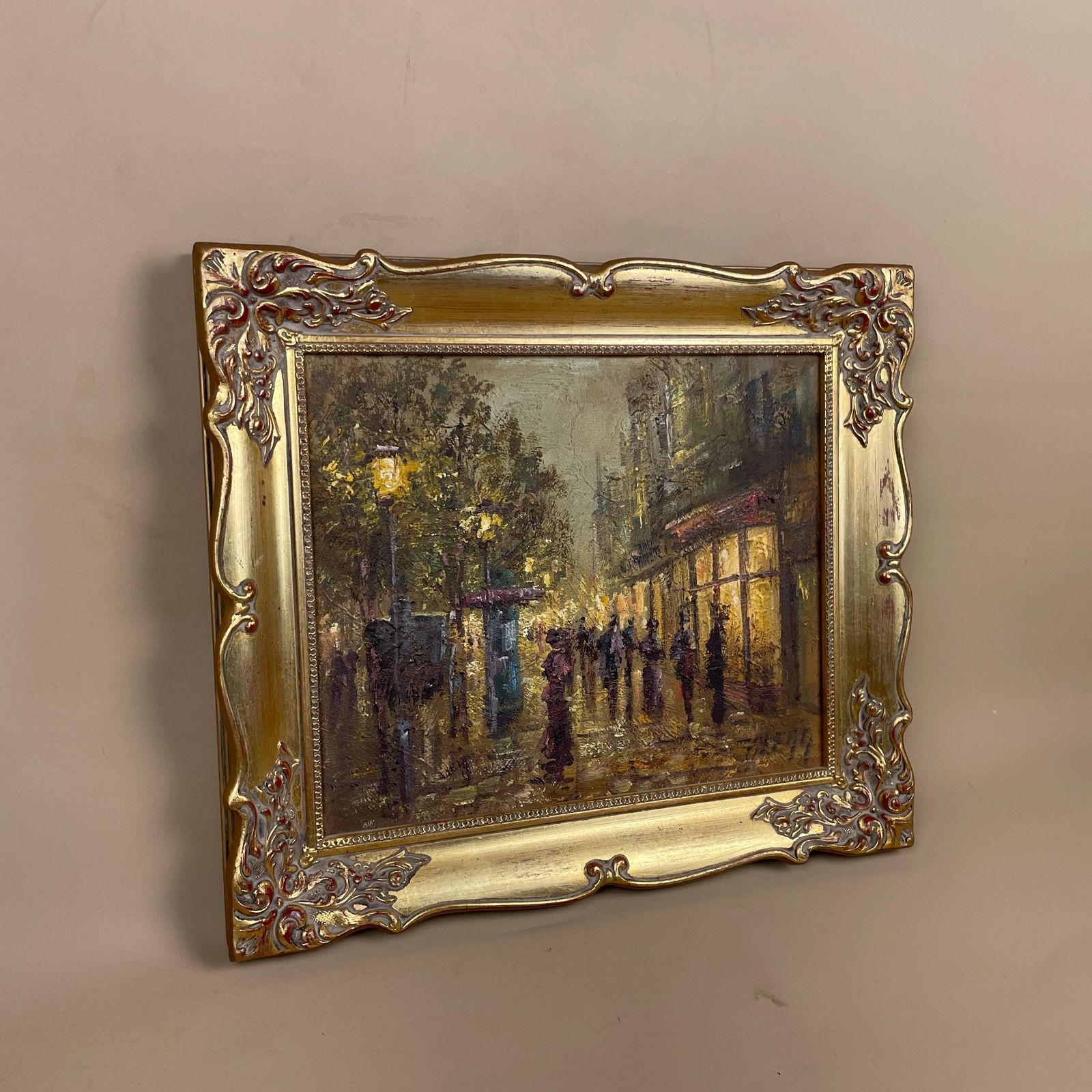 Vintage Oil Painting Urban Landscape Evening Street Lights Gold Wood Frame 1982 Colin Maxwel Parsons Buzzy Evening Street People photo 345.0
