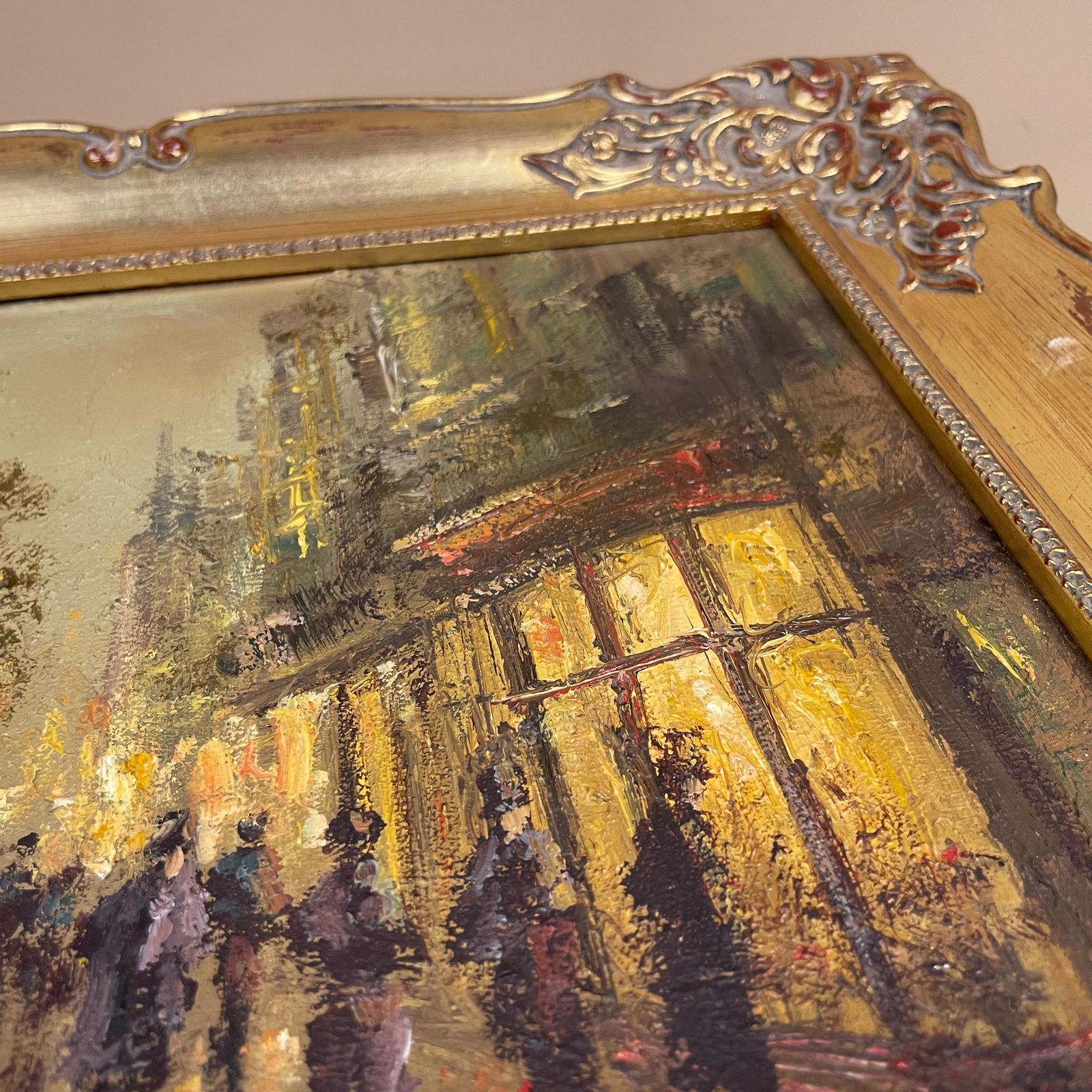 Vintage Oil Painting Urban Landscape Evening Street Lights Gold Wood Frame 1982 Colin Maxwel Parsons Buzzy Evening Street People photo vintage