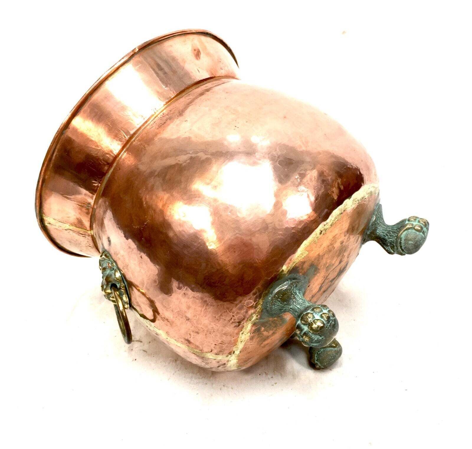 Antique Arts & Crafts Copper Planter / Brass Lion Mask Handles Plant Pot C.1890 photo furniture