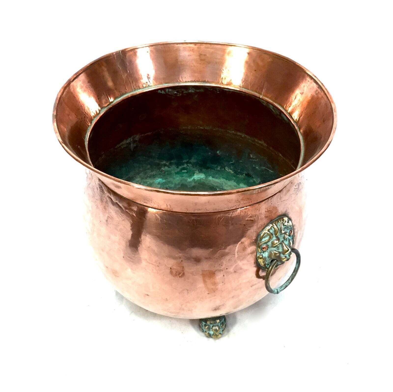 Antique Arts & Crafts Copper Planter / Brass Lion Mask Handles Plant Pot C.1890 photo 95.0