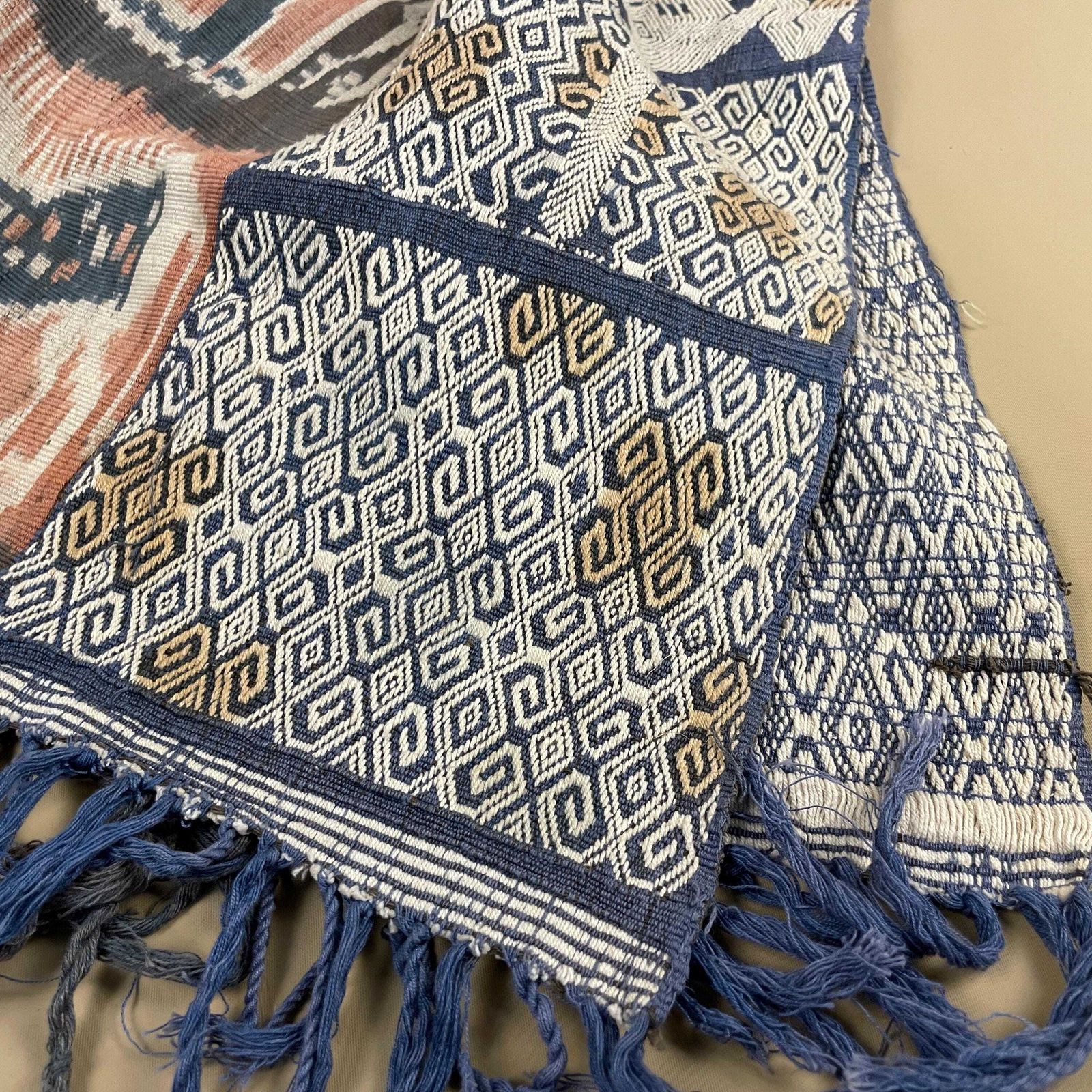 Indonesian Handmade Fabric Table Runner Blue Pink Tassel Ends Long 217x61cm South East Asian photo Textiles
