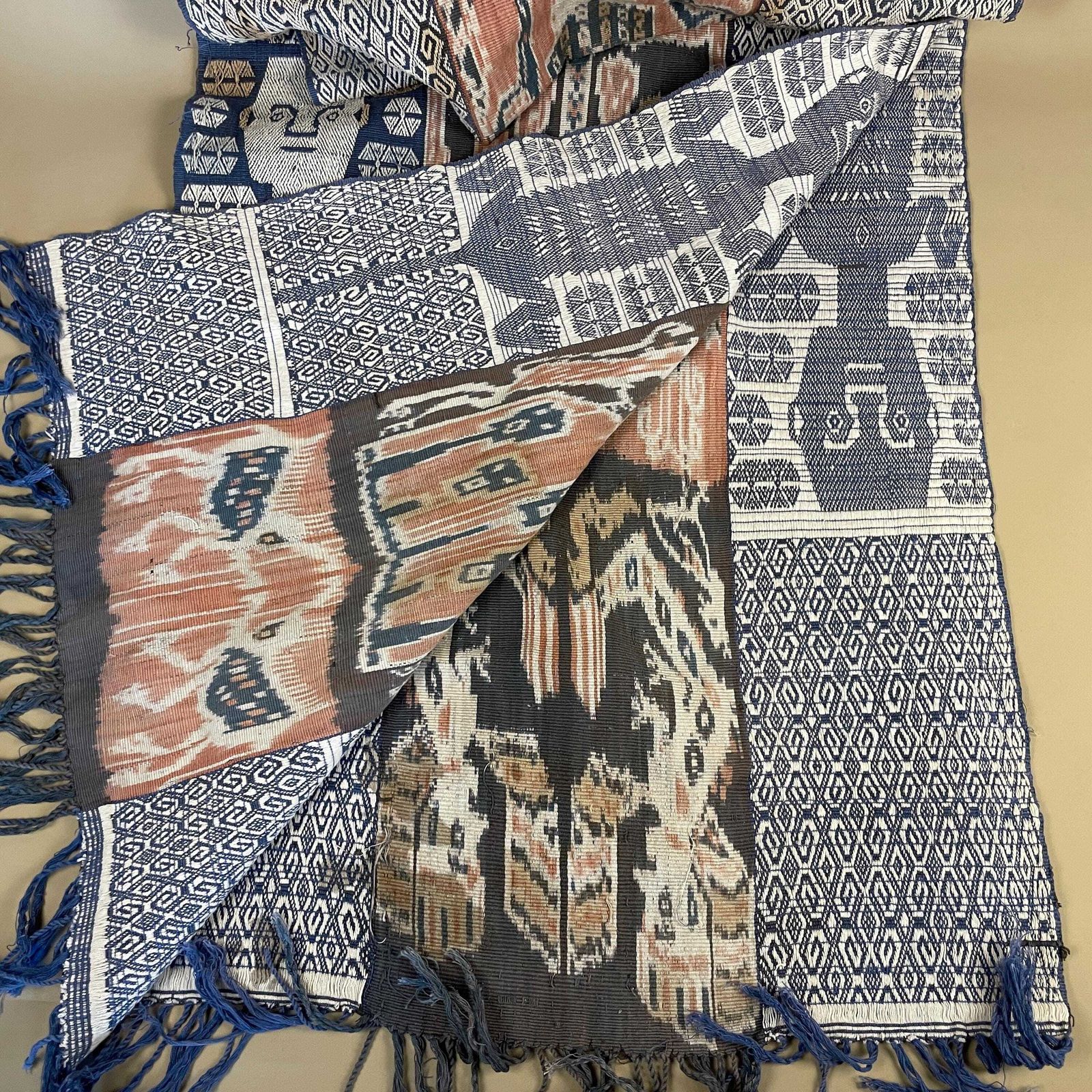 Indonesian Handmade Fabric Table Runner Blue Pink Tassel Ends Long 217x61cm South East Asian photo vinterior
