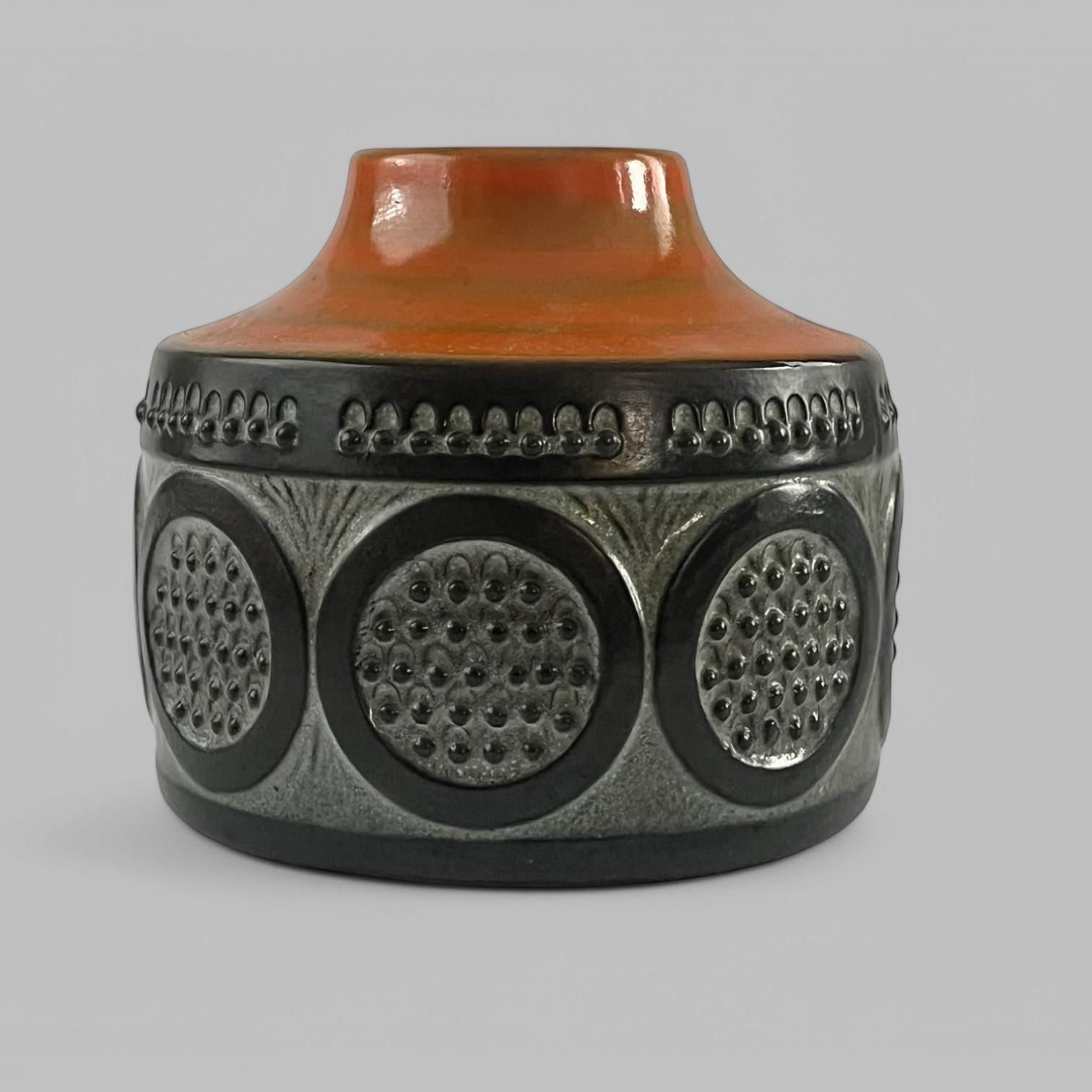 Small Mid Century Glazed Stoneware Vase Orange & Grey 'City' Design By Mari Simmulson For Upsala Ekeby Of Sweden