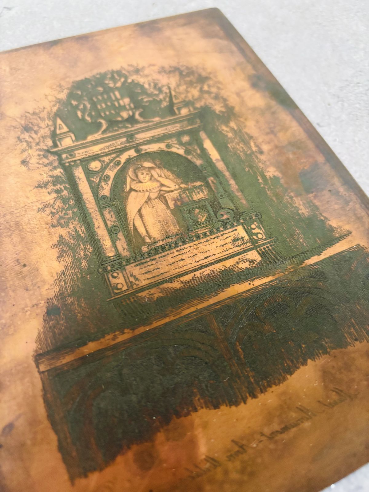 Antique Etched Copper Printing Plate Monument To Anne Wylde In Tong Church In Salop photo vintage