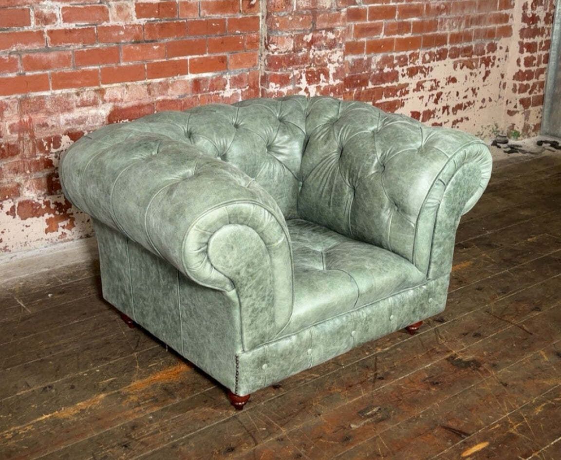 Sophisticated 1931 Chesterfield Chair In Premium Distressed Sage Green Leather photo furniture