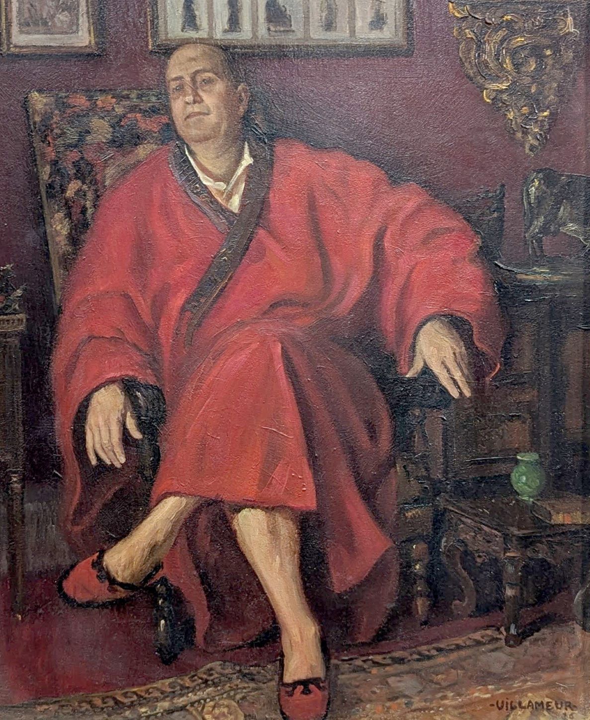 Portrait Of A Man In A Dressing Gown – Oil On Wood Signed Villameur (1955) photo furniture