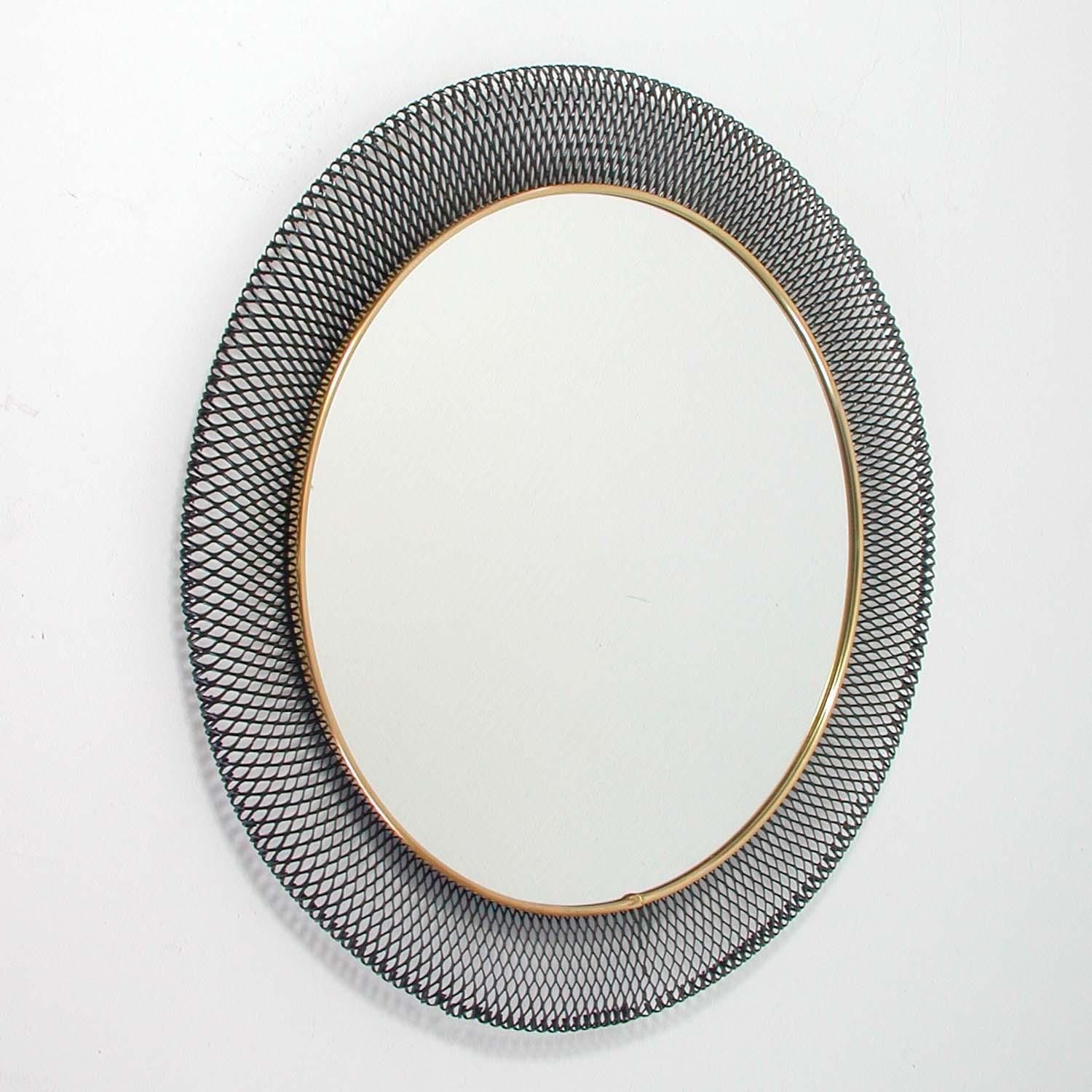 Midcentury German Wall Mirror Black Metal Brass Vereinigte Werkstätten, Munich photo furniture