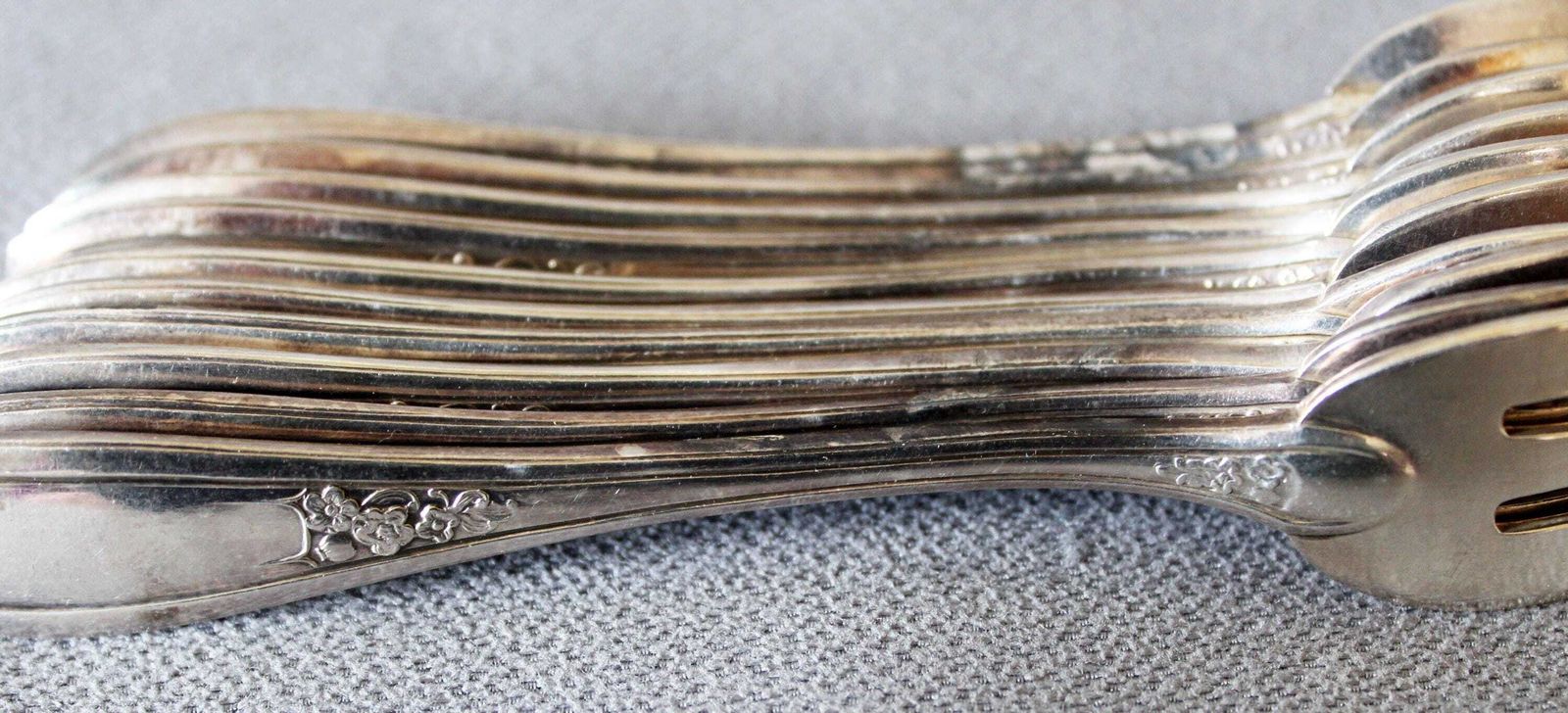 photo for sale Antique Set Of 10 French Armand Frenais Silver Plated Small Forks, Dessert Forks, Art Nouveau Flowers Floral, France, Anchor Af Mark 12 Gram