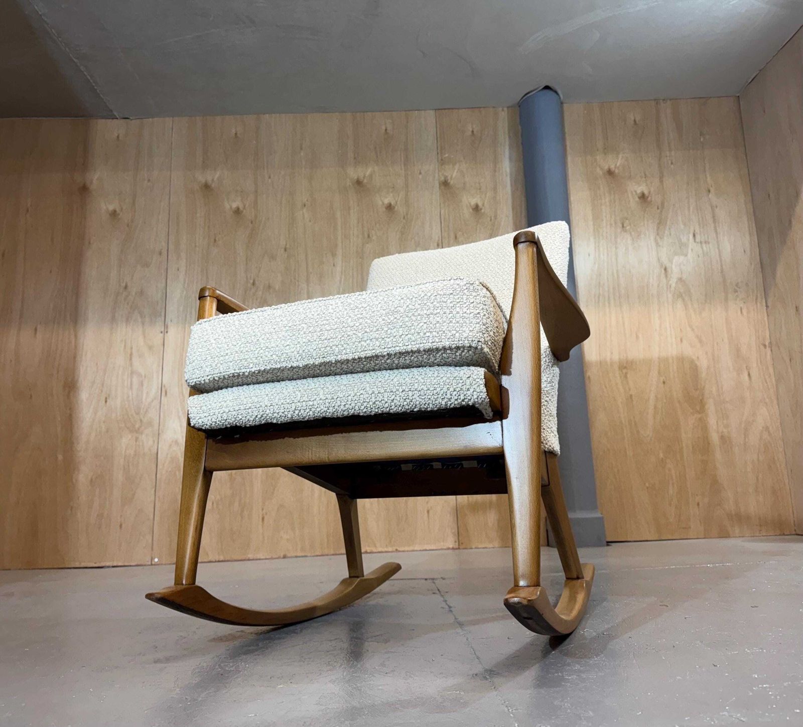 Parker Knoll Beautiful 1960’s Solid Beech Wooden Bespoke Rocker Armchair In Ivory Dusk Deep Boucle Fabric. Fully Refurbished & Restored. photo furniture