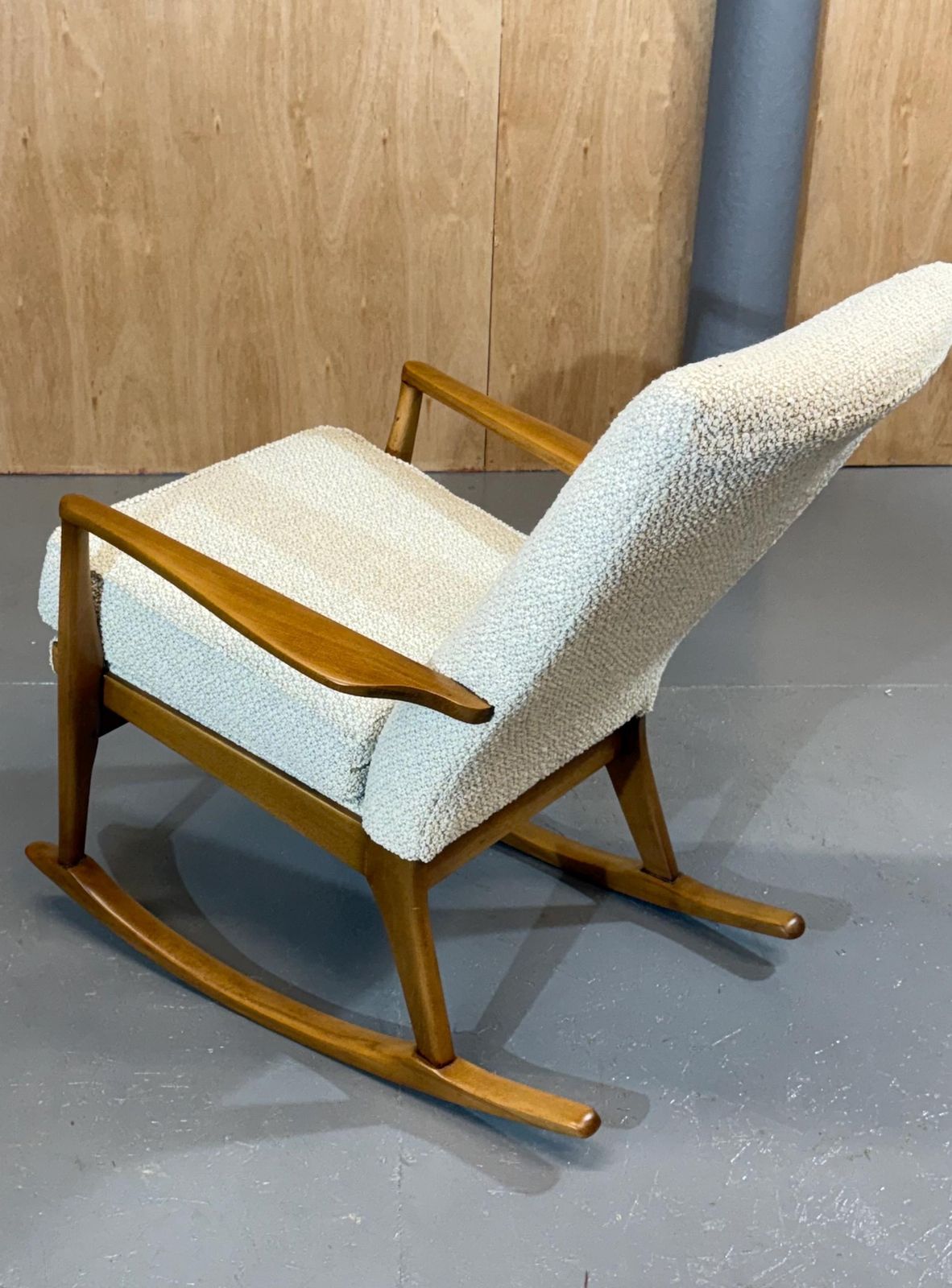 Parker Knoll Beautiful 1960’s Solid Beech Wooden Bespoke Rocker Armchair In Ivory Dusk Deep Boucle Fabric. Fully Refurbished & Restored. photo for sale