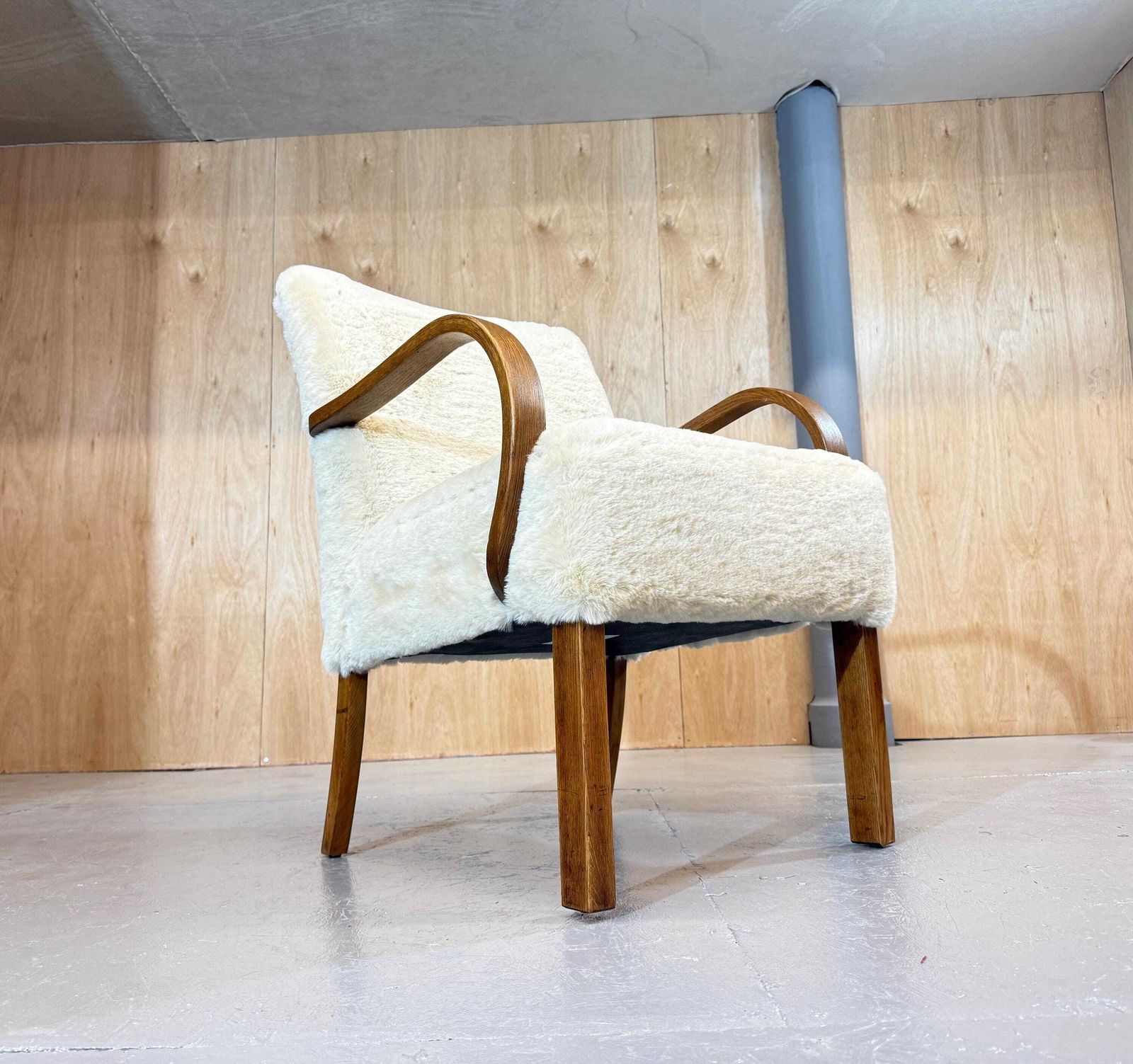Parker Knoll Petite 1930’s Bespoke Utility Armchair In Oak And Polar Fleece Nordic Fur Luxury Fabric. Fully Refurbished & Restored. photo furniture