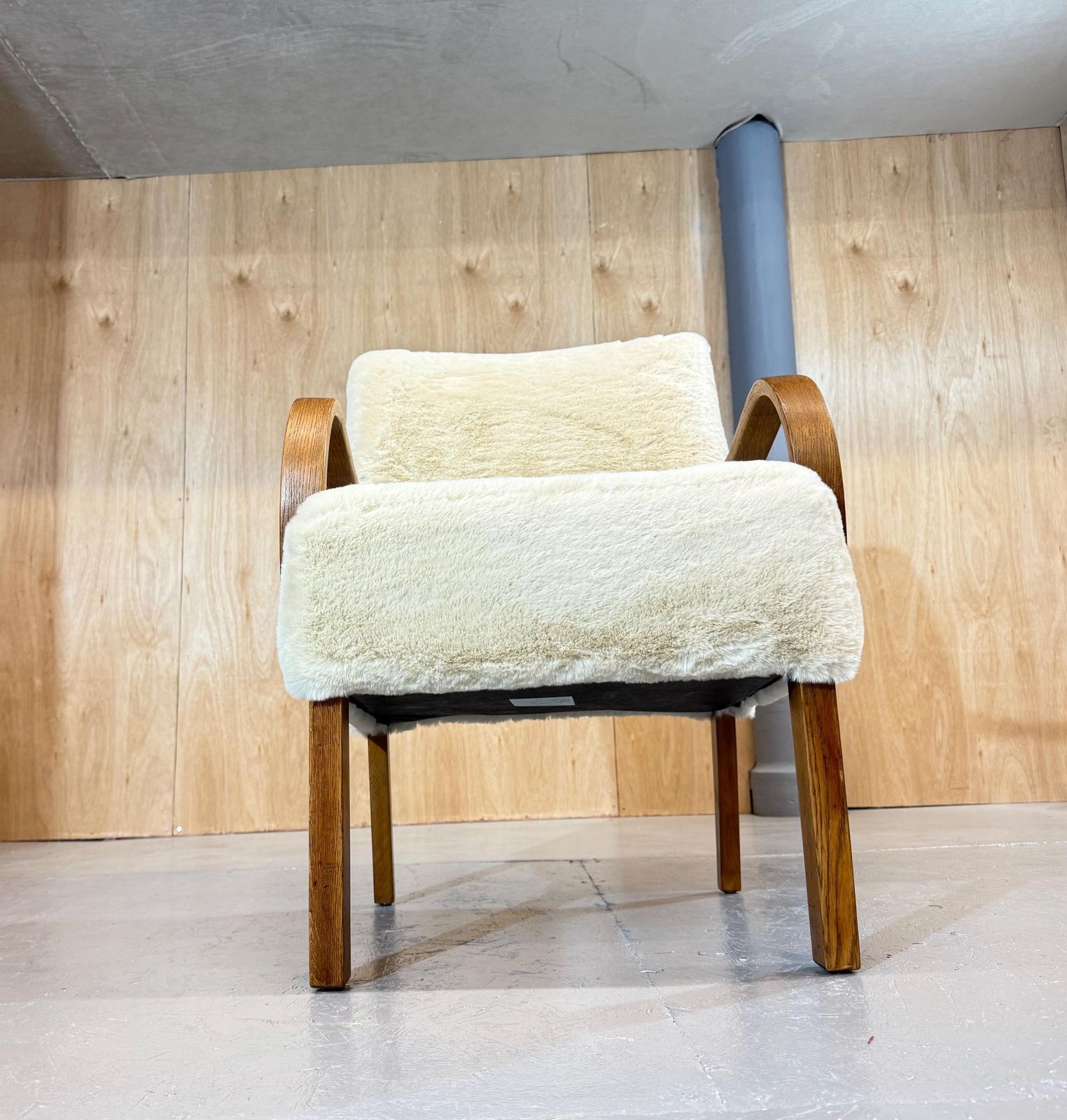 Parker Knoll Petite 1930’s Bespoke Utility Armchair In Oak And Polar Fleece Nordic Fur Luxury Fabric. Fully Refurbished & Restored. photo for sale