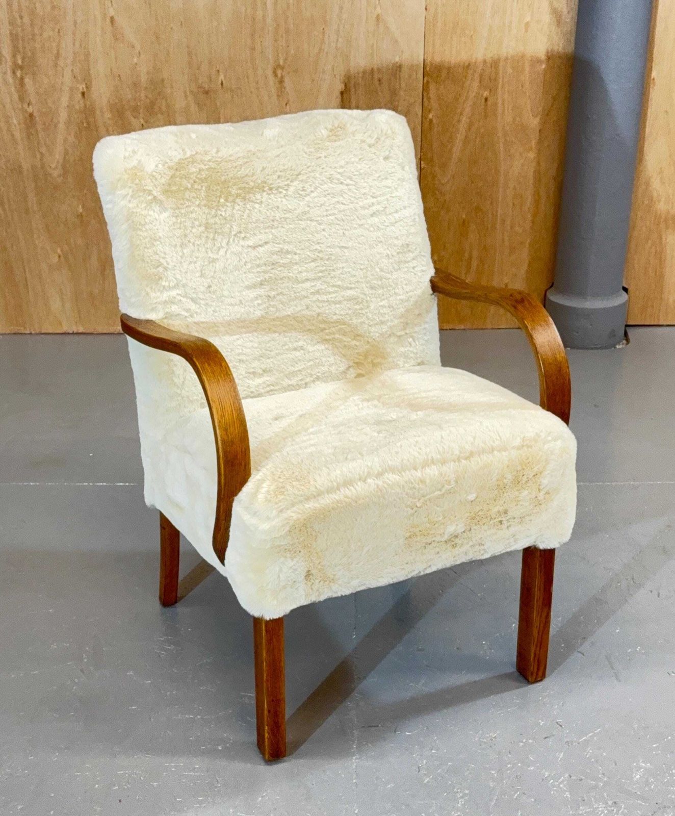Parker Knoll Petite 1930’s Bespoke Utility Armchair In Oak And Polar Fleece Nordic Fur Luxury Fabric. Fully Refurbished & Restored. photo buy