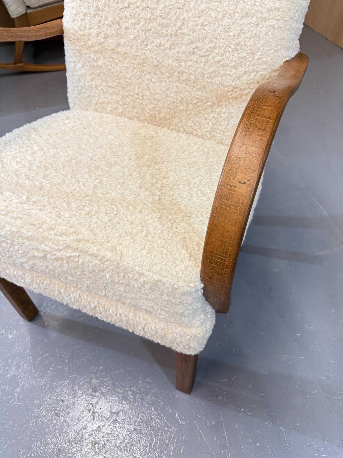 photo furniture Parker Knoll 1930’s Oak Utility Petite Armchair In (Faux) Lambs Sheep Fleece Deep Boucle Luxury. Fully Refurbished & Restored.
