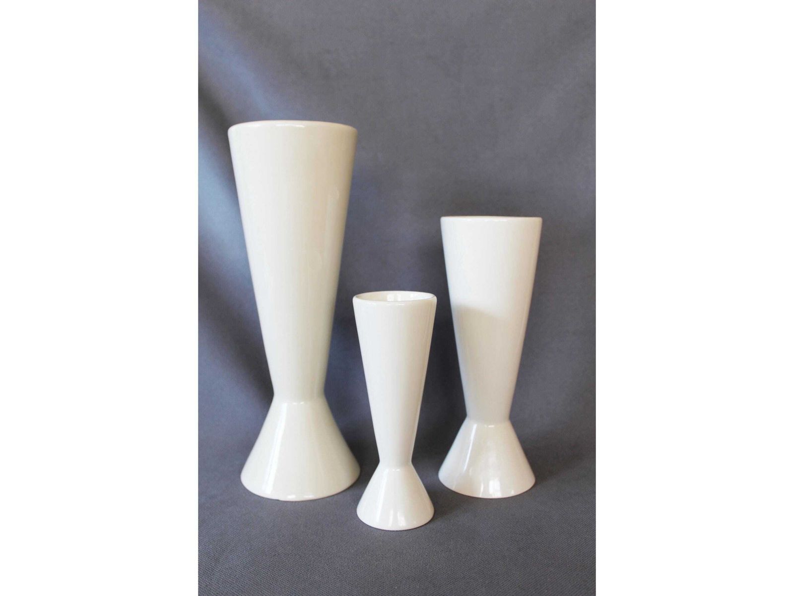 Set Of 3 Modernist Ceramic Off White Cone Vase, Candle Holder, Royal Boch Belgium, Designer Emmanuel Gardin, Model Slender, Double Sided