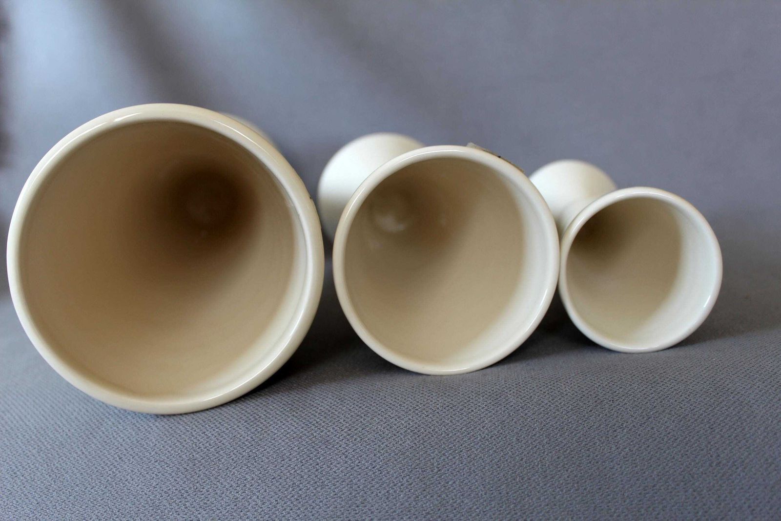 photo for sale Set Of 3 Modernist Ceramic Off White Cone Vase, Candle Holder, Royal Boch Belgium, Designer Emmanuel Gardin, Model Slender, Double Sided