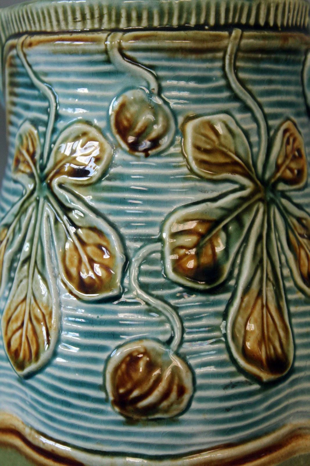 Large And Tall Antique French Majolica Ceramic Jug Pitcher, Turquoise Green Brown, Leaf Design, 19th Century, Water Pitcher, Collectible photo furniture