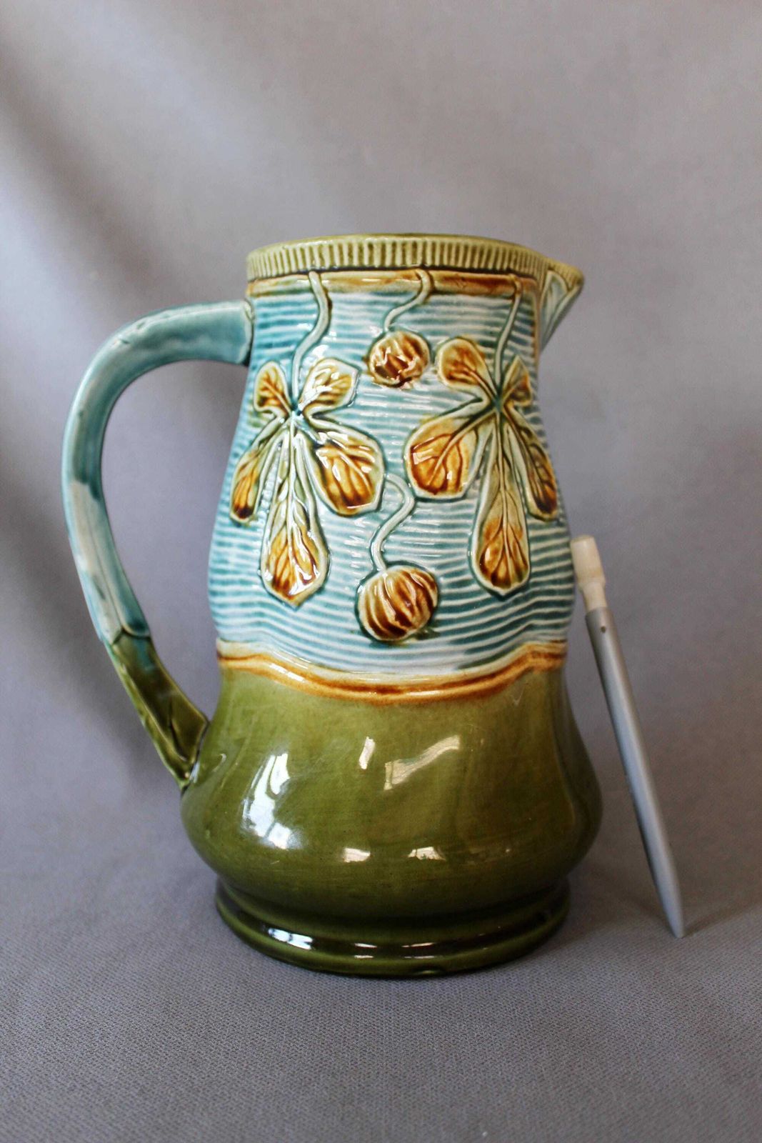 Large And Tall Antique French Majolica Ceramic Jug Pitcher, Turquoise Green Brown, Leaf Design, 19th Century, Water Pitcher, Collectible photo 90.0