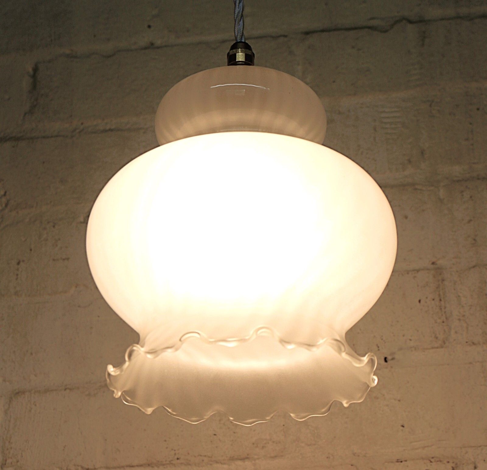 Ceiling Light Vintage Swirled Glass Frilled Glass Pendant Late 1970's photo for sale