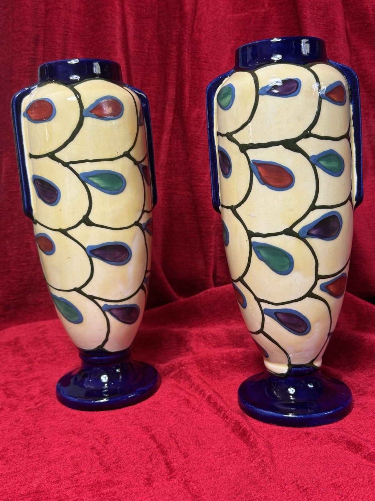 Pair Of Art Deco Ditmar Urbach Czechoslovakian Art Pottery Vases photo for sale