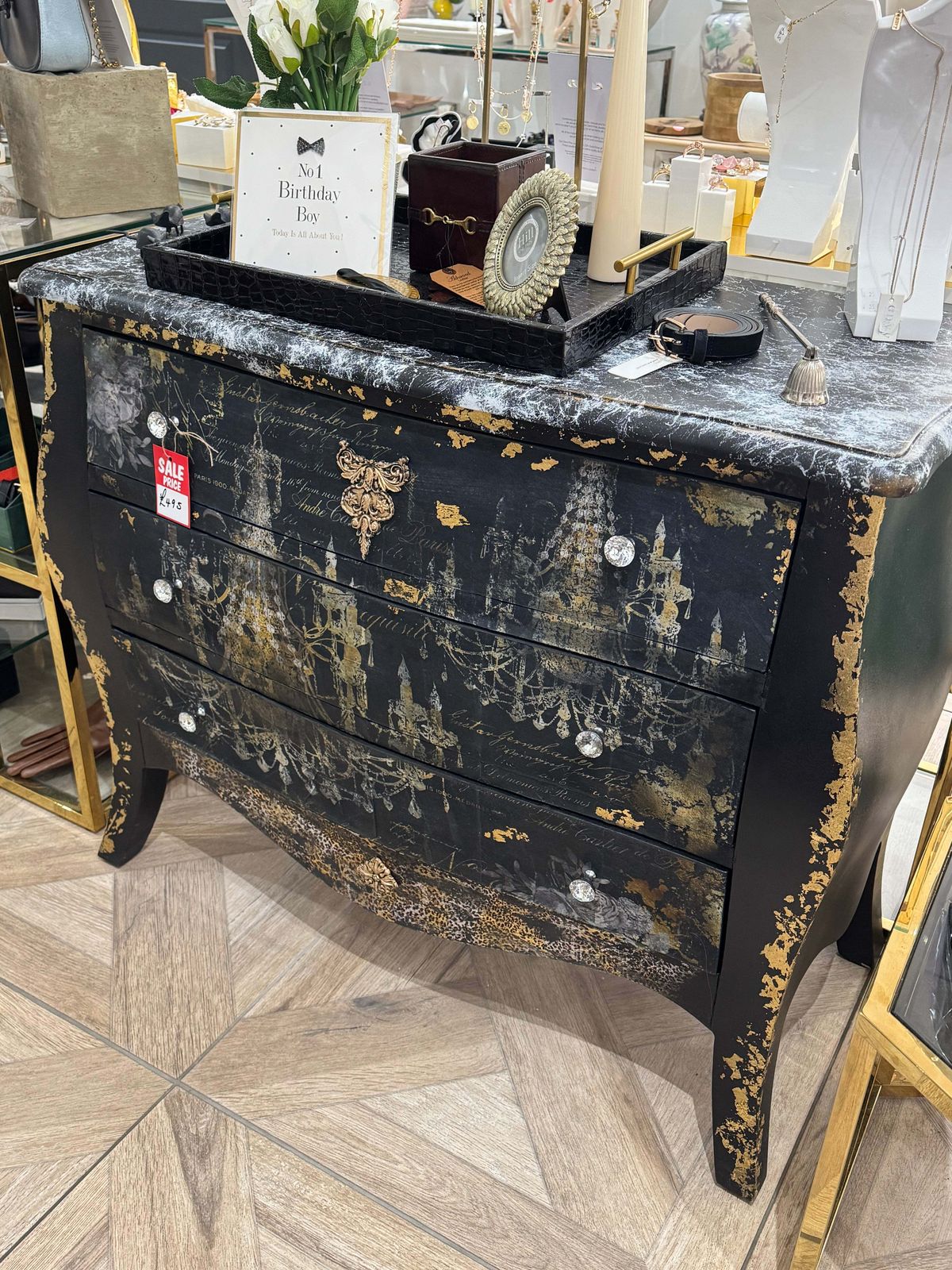 Beautility Mid Century Sideboard With Black Fabric, Gold Accents & Chandelier Decoupage photo furniture