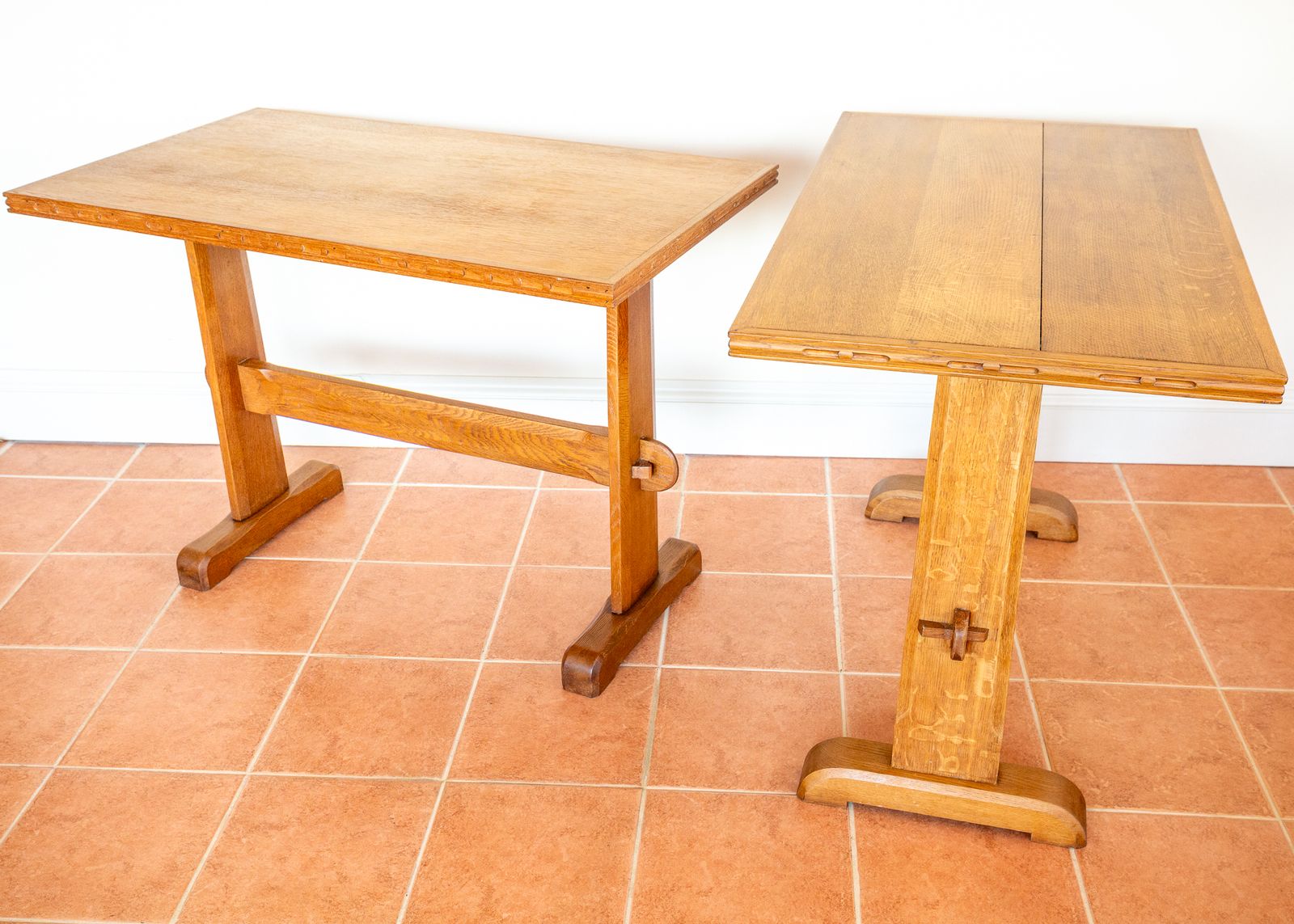 Pair Of Light Oak Refectory Trestle Tables Cotswold School Arts And Crafts Heals Bedroom Side Dining Tables Golden Oak Rustic Farmhouse Antiqu.E photo 4550.0