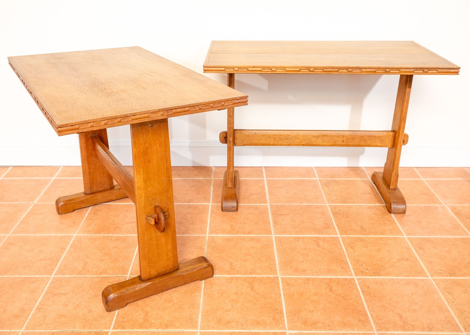 Pair Of Light Oak Refectory Trestle Tables Cotswold School Arts And Crafts Heals Bedroom Side Dining Tables Golden Oak Rustic Farmhouse Antiqu.E photo buy