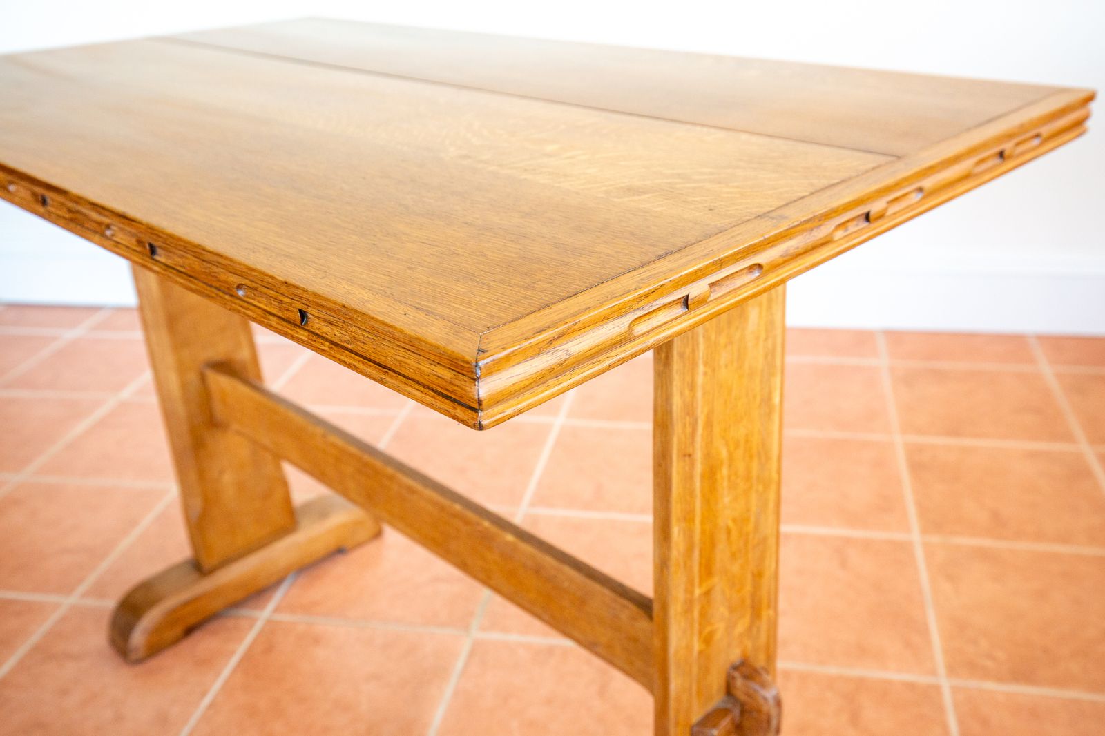 Pair Of Light Oak Refectory Trestle Tables Cotswold School Arts And Crafts Heals Bedroom Side Dining Tables Golden Oak Rustic Farmhouse Antiqu.E photo vintage