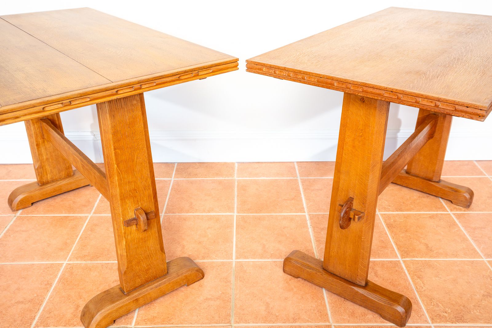 Pair Of Light Oak Refectory Trestle Tables Cotswold School Arts And Crafts Heals Bedroom Side Dining Tables Golden Oak Rustic Farmhouse Antiqu.E photo Furniture