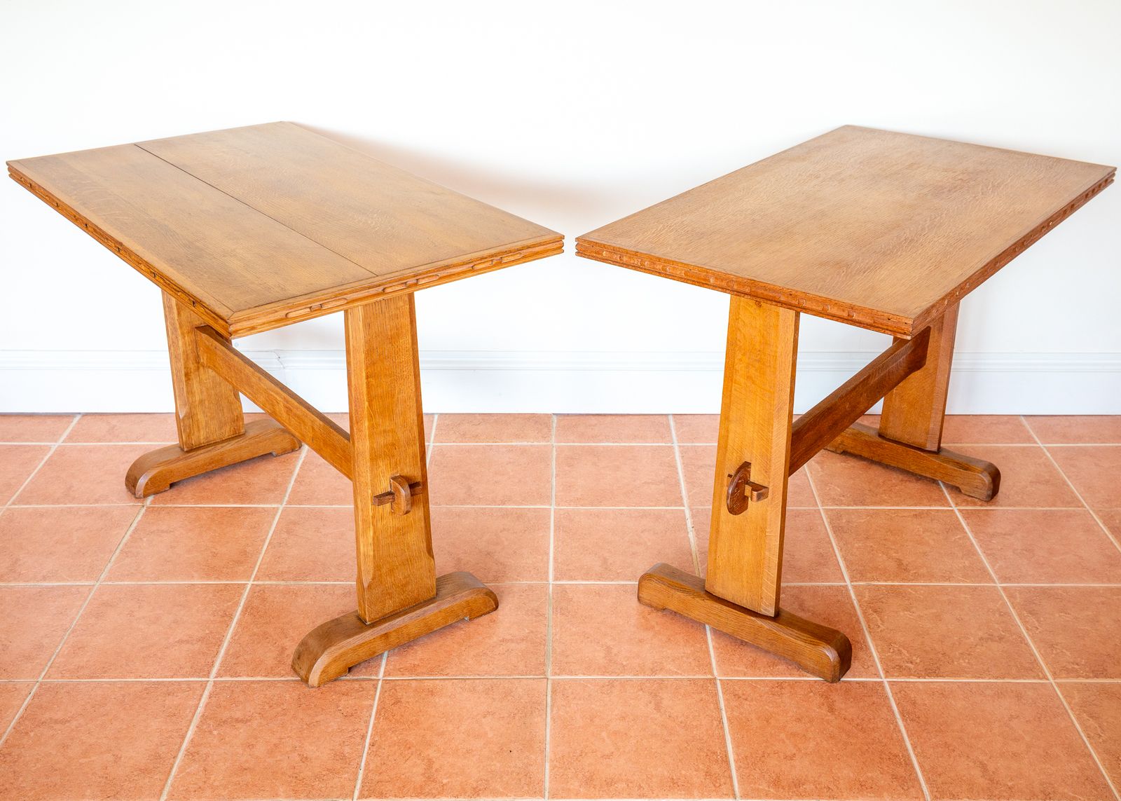 4550.0 Pair Of Light Oak Refectory Trestle Tables Cotswold School Arts And Crafts Heals Bedroom Side Dining Tables Golden Oak Rustic Farmhouse Antiqu.E photo