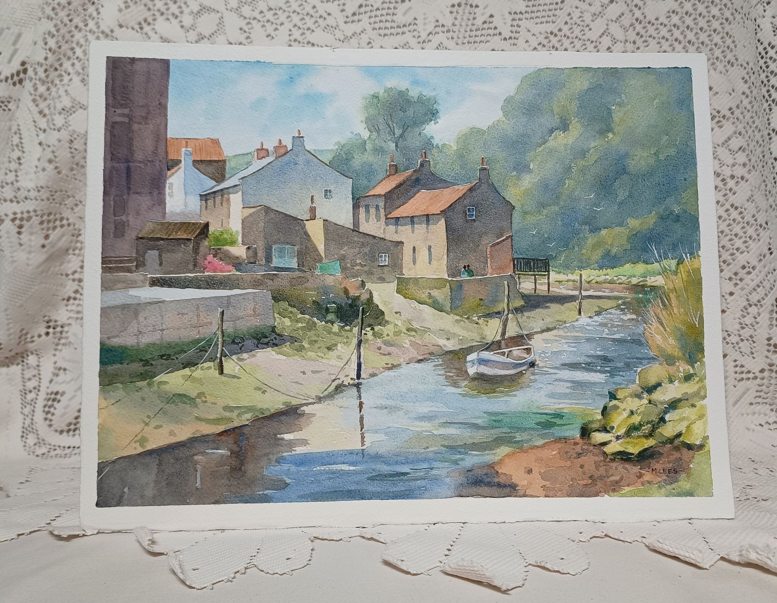 photo furniture Original Unframed Watercolour Painting,Low Tide Quayside West Yorkshire Signed M.Lees.