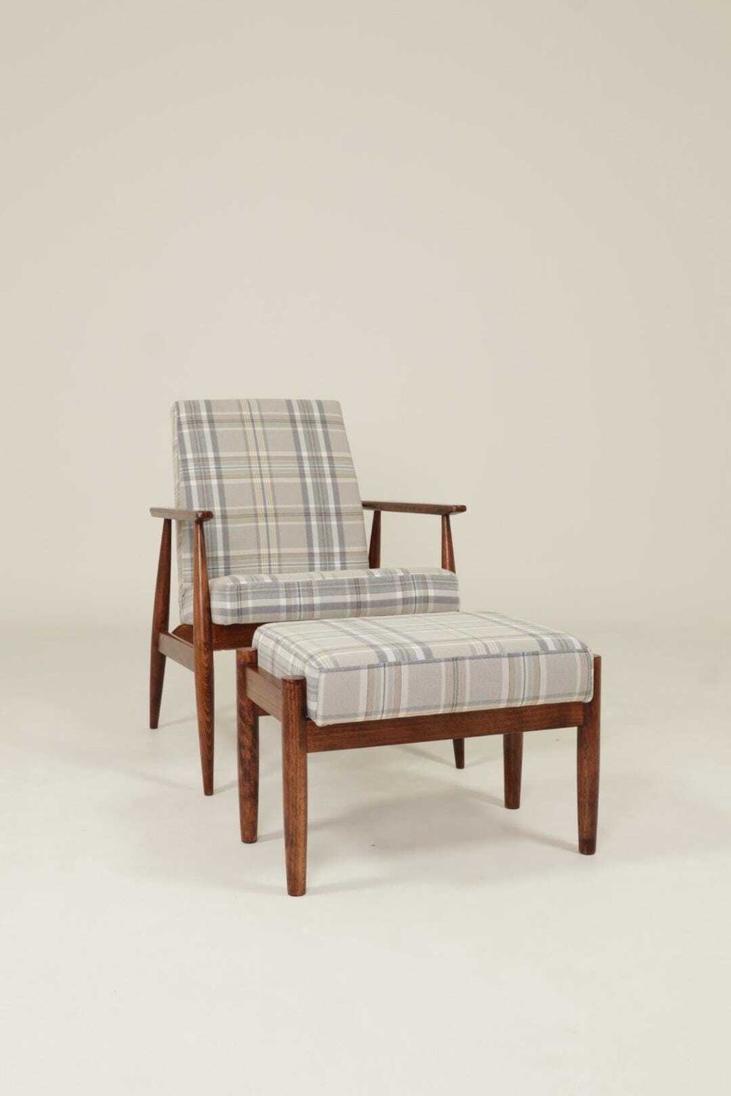 Vintage Set Armchair And Footstool Tartan Royal Design Mid Century Style, 1960