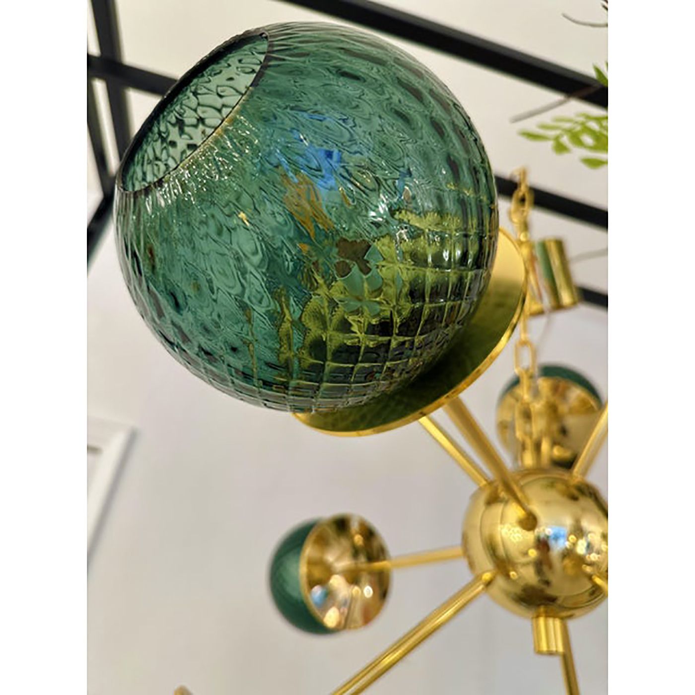 Italian Gold Chandelier Sputnik In Murano Glass Style Green "Balloton" photo vintage