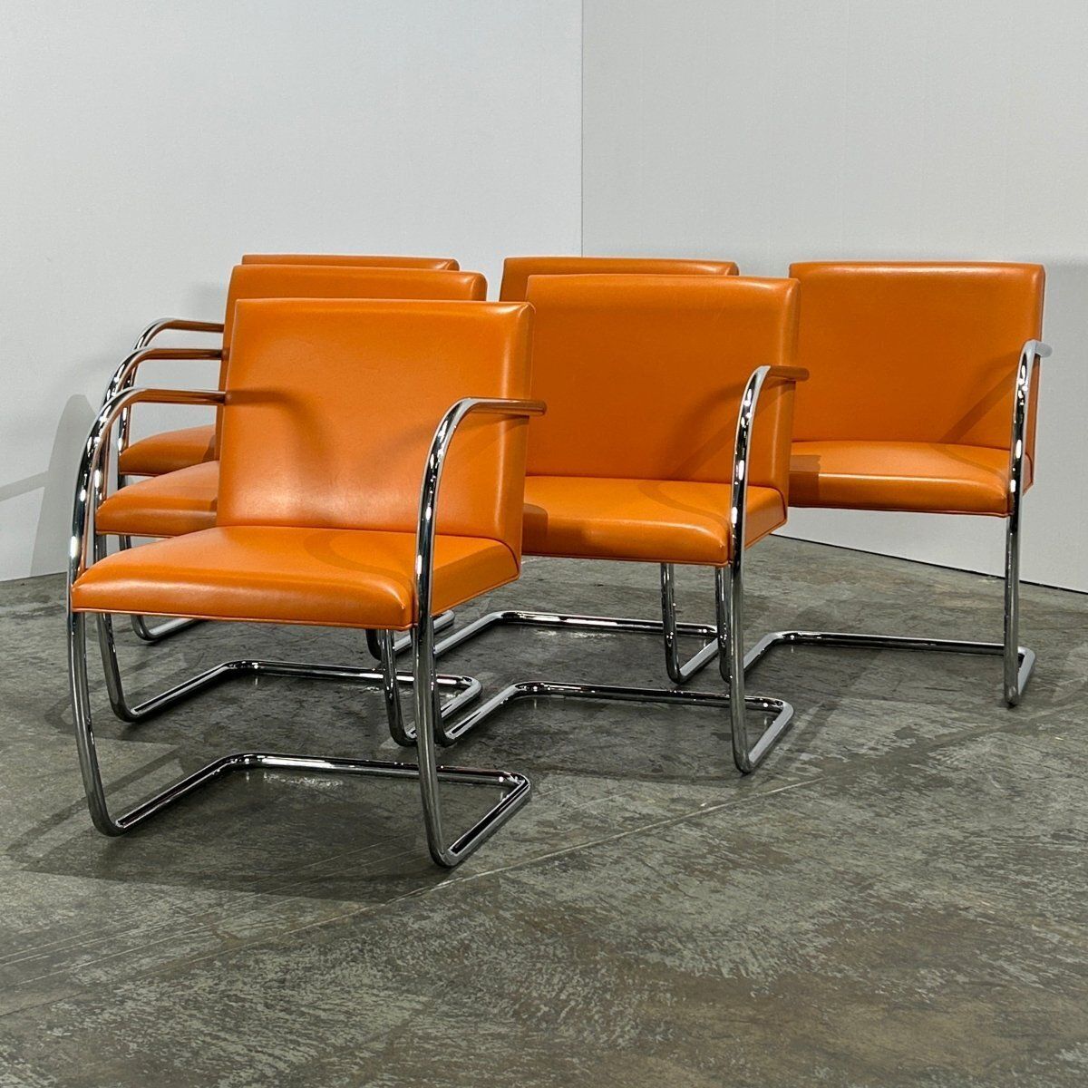 Furniture Knoll Brno Tubular Tan Orange Leather Chair By Ludwig Mies Van Der Rohe, Set Of Six photo