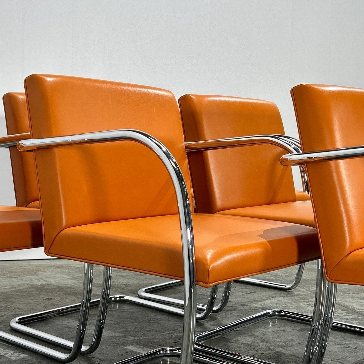 8880.3 Knoll Brno Tubular Tan Orange Leather Chair By Ludwig Mies Van Der Rohe, Set Of Six photo