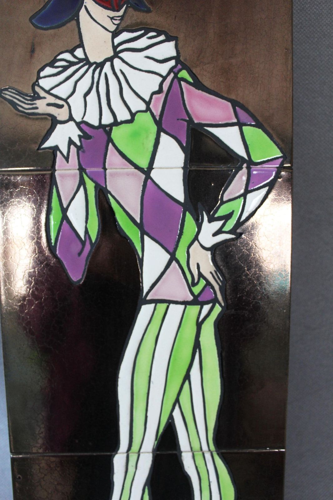 Tall Vintage Mid Century Retro Harlequin Jester Ceramic Tile Art Panel, Wall Plaque, Tile Panel On Wood, Painting, Mardi Gras, Dancer photo for sale